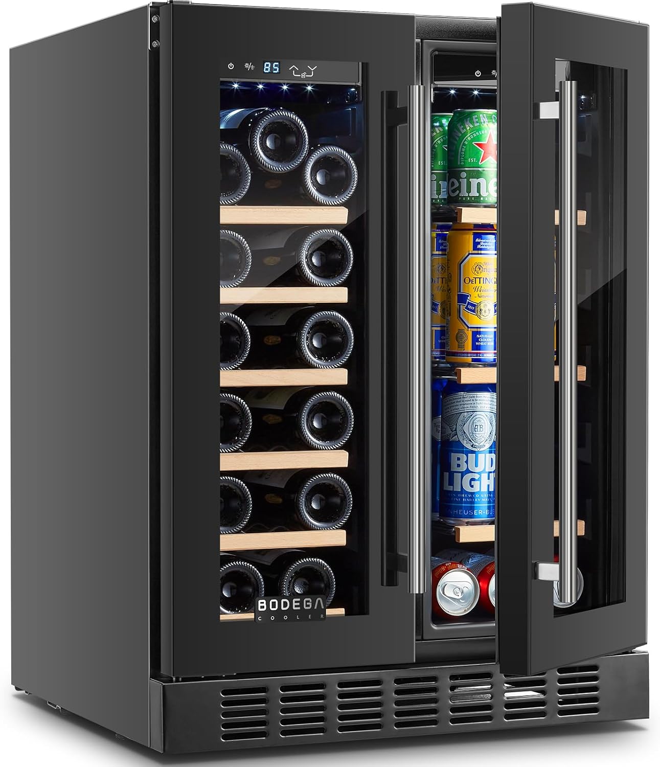 BODEGA Black 24 Inch Beverage and Wine Cooler. Dual Zone Stainless Steel Refrigerator under Counter, Drink Fridge for Beer, Soda, Wine, Champagne, Holds 41 Cans and 17 Bottles BODEGA Black 24 Inch Beverage and Wine Cooler. Dual Zone Stainless Steel Refrigerator under Counter, Drink Fridge for Beer, Soda, Wine, Champagne, Holds 41 Cans and 17 Bottles