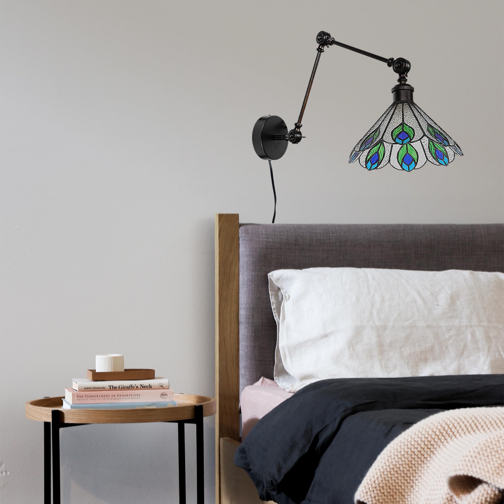 Schwenkarm Wandleuchte Innen Mit Fernbedienung, Vintage Glas Dimmbar Wandlampe mit E27 Lampenfassung, Wandleuchte ohne Bohrung für Wohnzimmer Treppenhaus Flur Schlafzimmer DZ0571