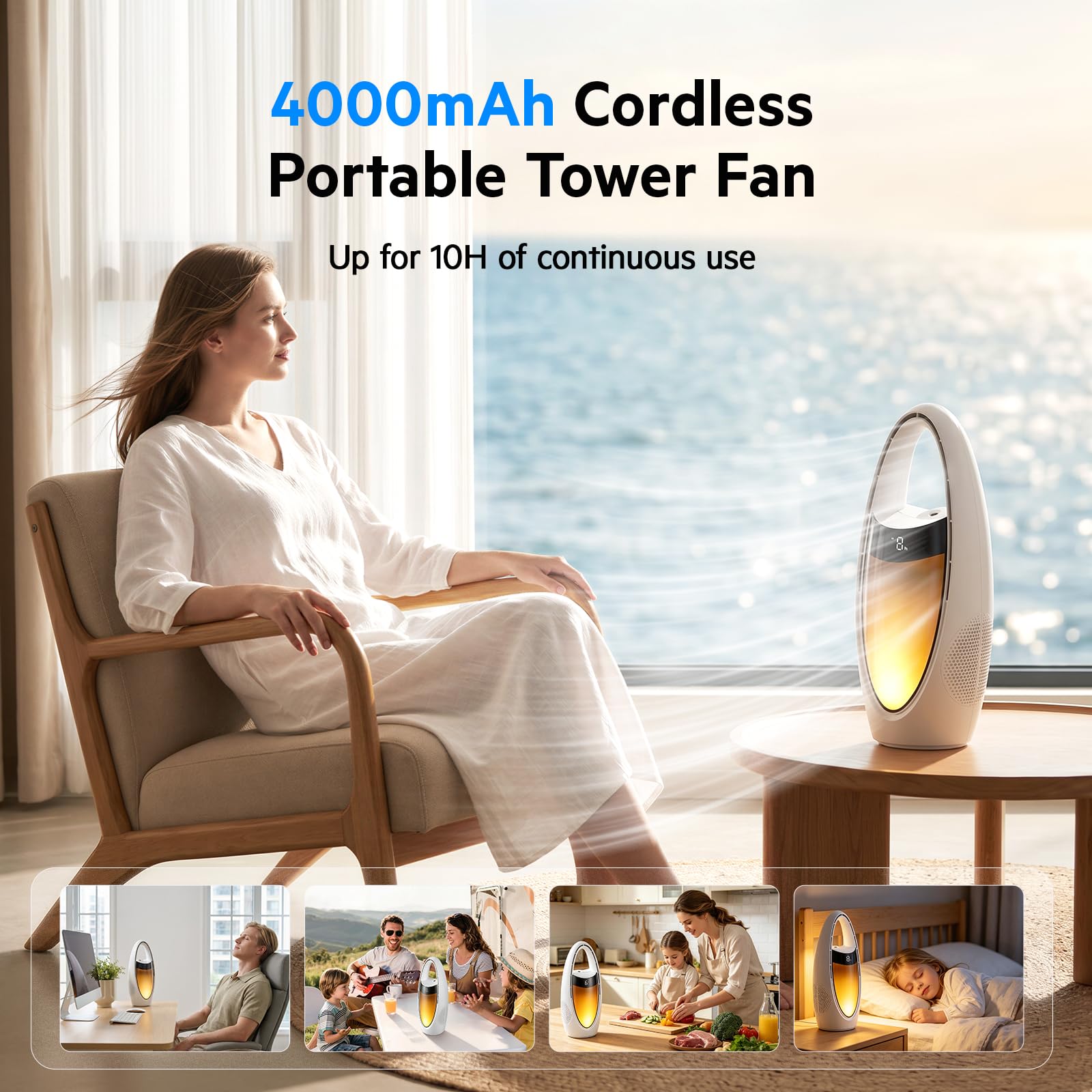 Ventilateur Colonne Portable sans fil 4000mAh Ventilateur Tour de Table 35cm avec Humidificateur, 9 Niveaux de Vitesse, Veilleuse, Heures et Oscillation de 70 ° pour Chambre à Coucher, Bureau, Maison
