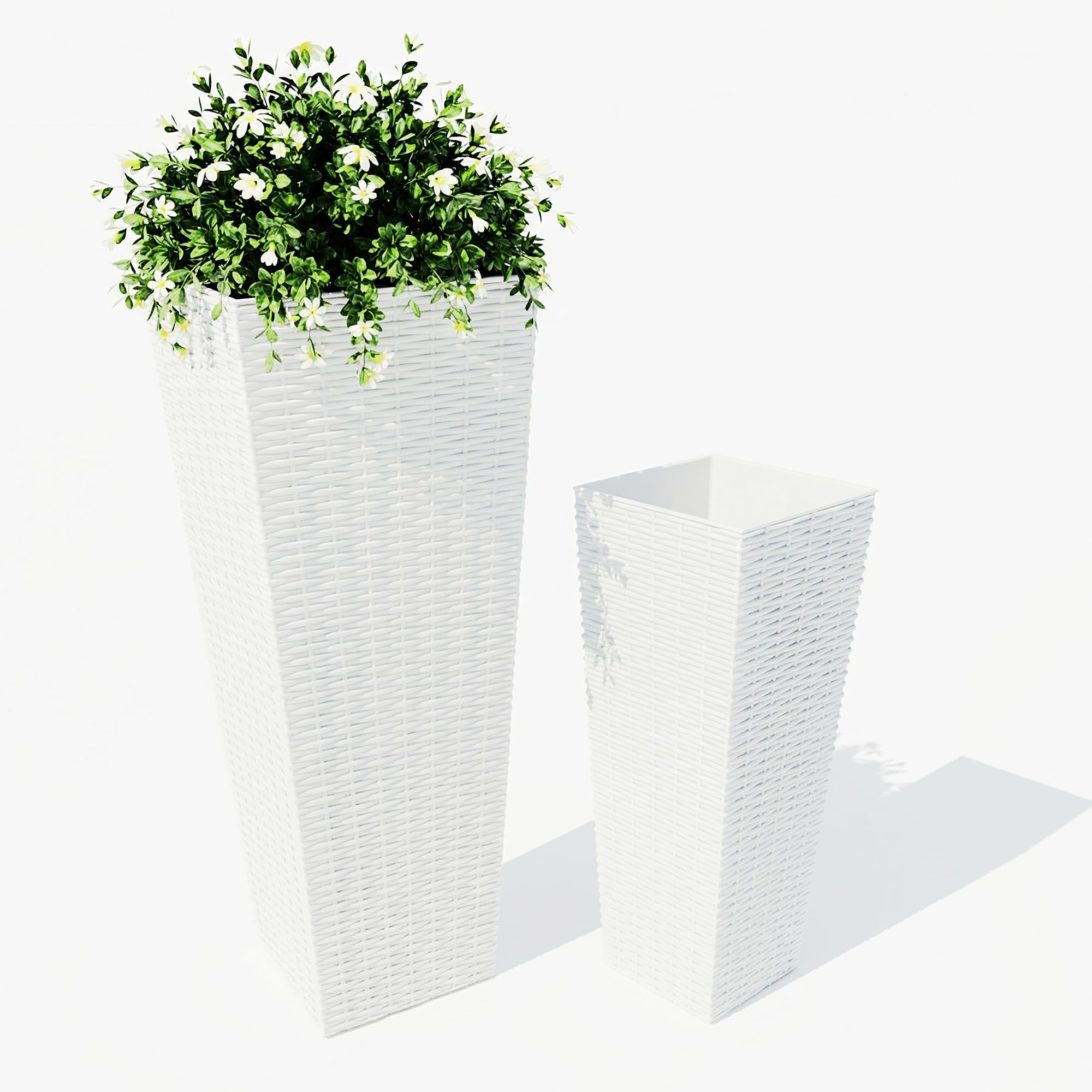 Maceteros Grandes de Exterior e Interior Pack de 2, Jardineras Altas de Plástico Resistente con Agujeros de Drenaje y Maceta Interior Extraíble, Set de 2 Macetas Decorativas Blancas para Plantas