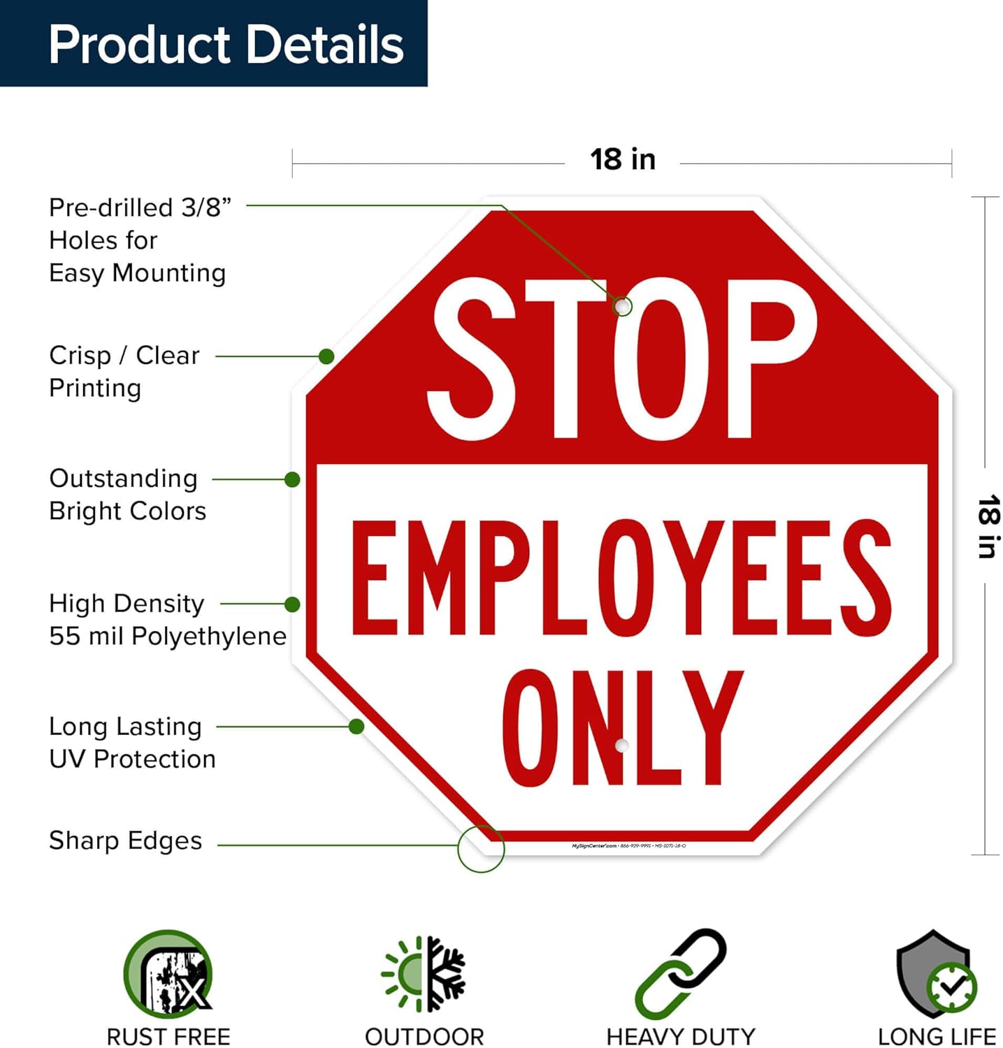 Stop Employees Only Sign, 18x18 Inches, 55 mil thick HDPE (high density polyethylene), Made in USA by My Sign Center