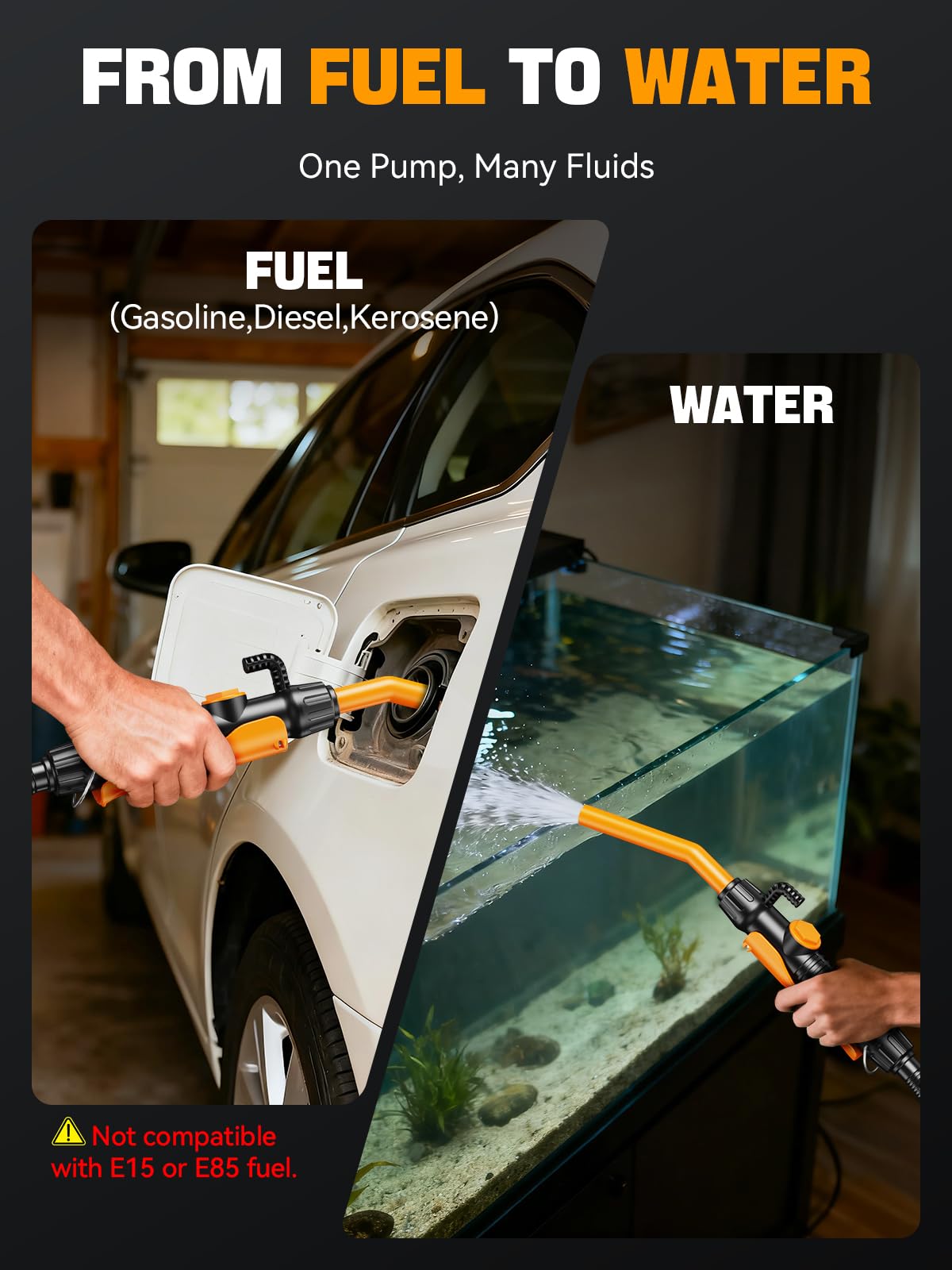E1 Pompa Benzina, Pompa Carburante Manuale, Diesel a Batteria, 2,6 GMP, Aspirazione Portatile con Flusso Controllato e Tubo Flessibile a Prova di Perdite da 59 Pollici per Benzina, Diesel e Acqua