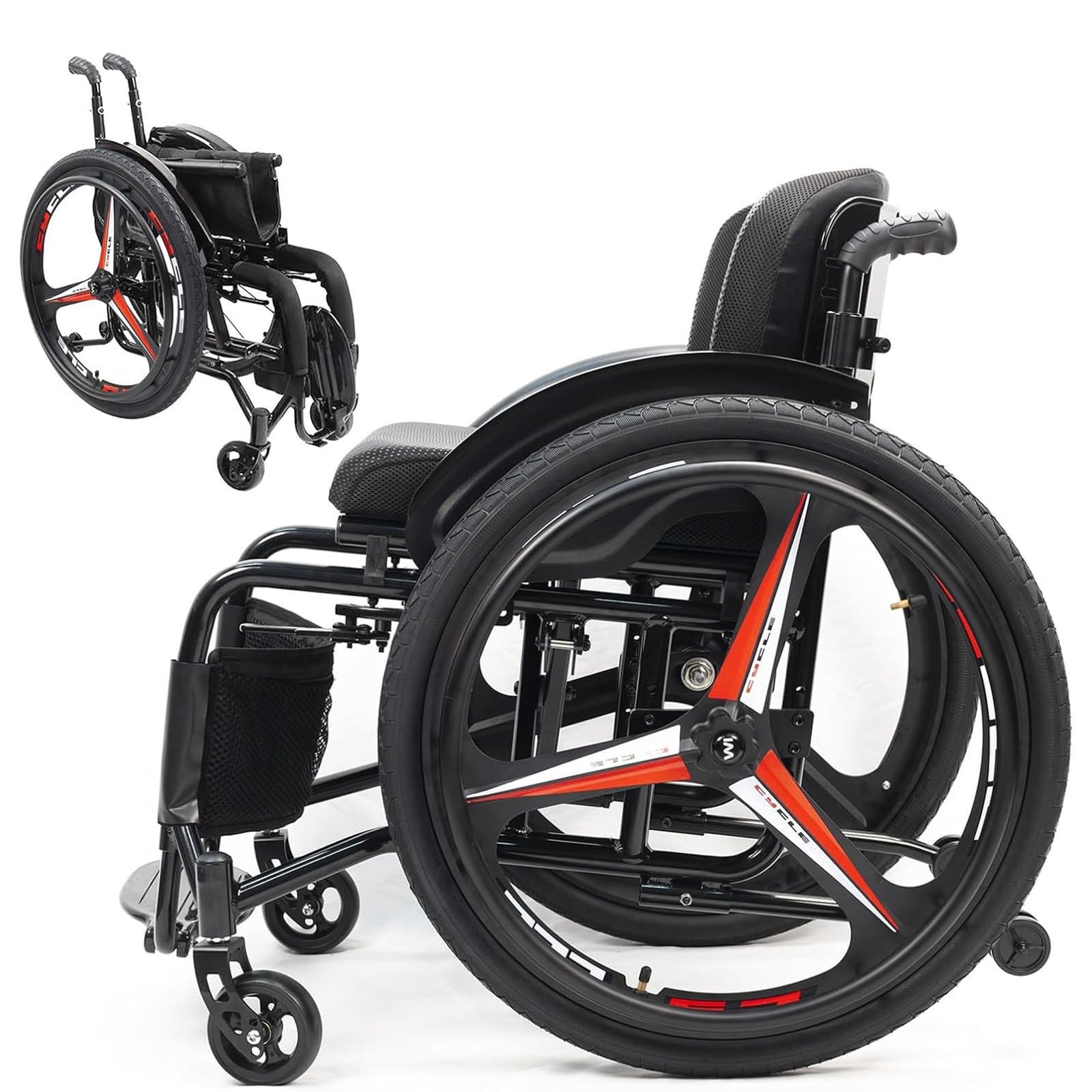 Składany Terenowy, Ultralekki Wózek Sportowy Z Podnóżkami SeatWidth:38Cm | Samojezdny, Przenośny Wózek Inwalidzki Ze Stopu Aluminium, Z Napędem Ręcznym, Hamulcami Ręcznymi, Szybkozłączkami Tylnych Kół