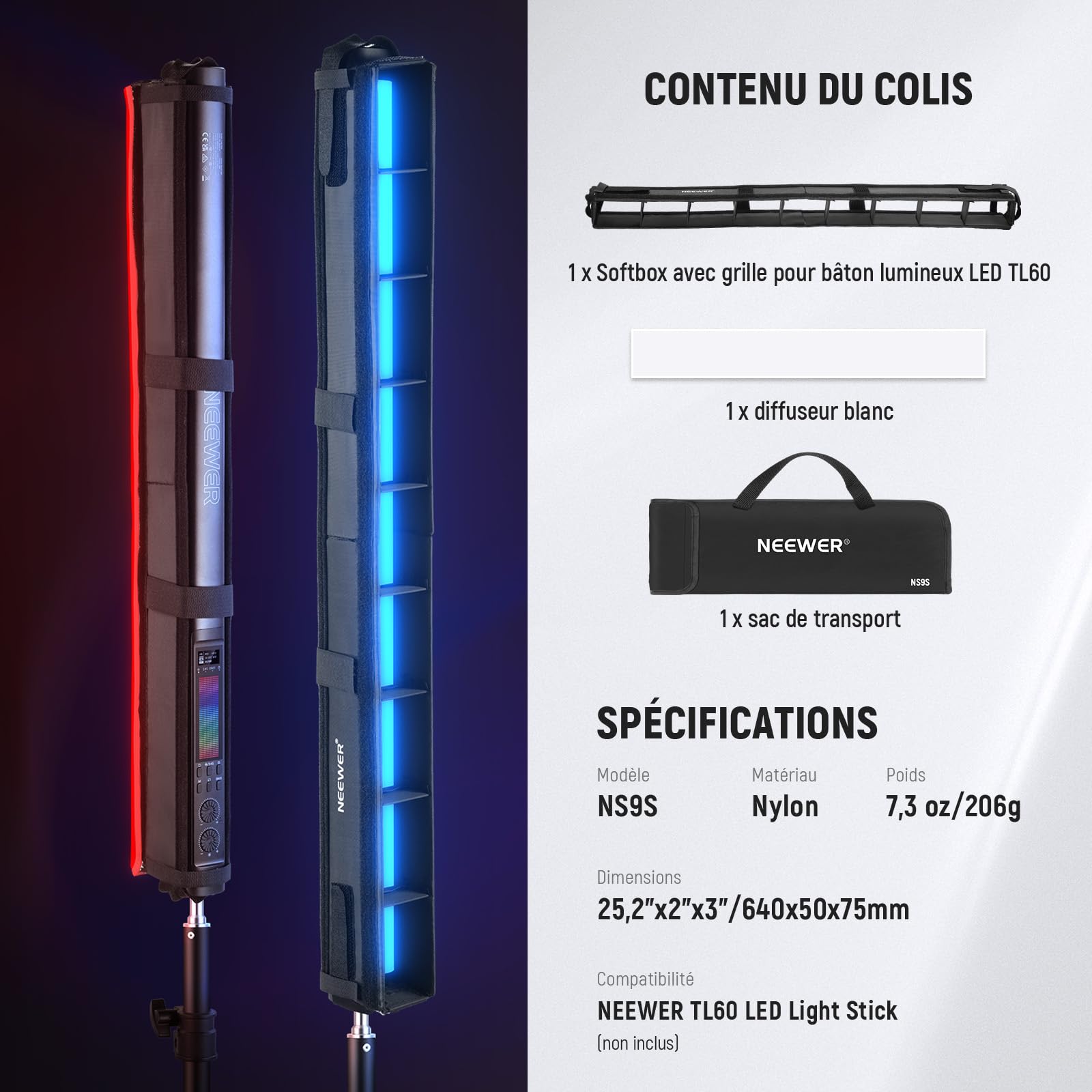 NEEWER Kit Diffuseur Lumière pour Bâton Lumineux TL60 RGB, Diffuseur de Lumière de Bande de Tube Avec Grille en Nid d'Abeille, Sac Transport, Attaches Tactiles pour Photo, Vidéo, Portrait, NS9S
