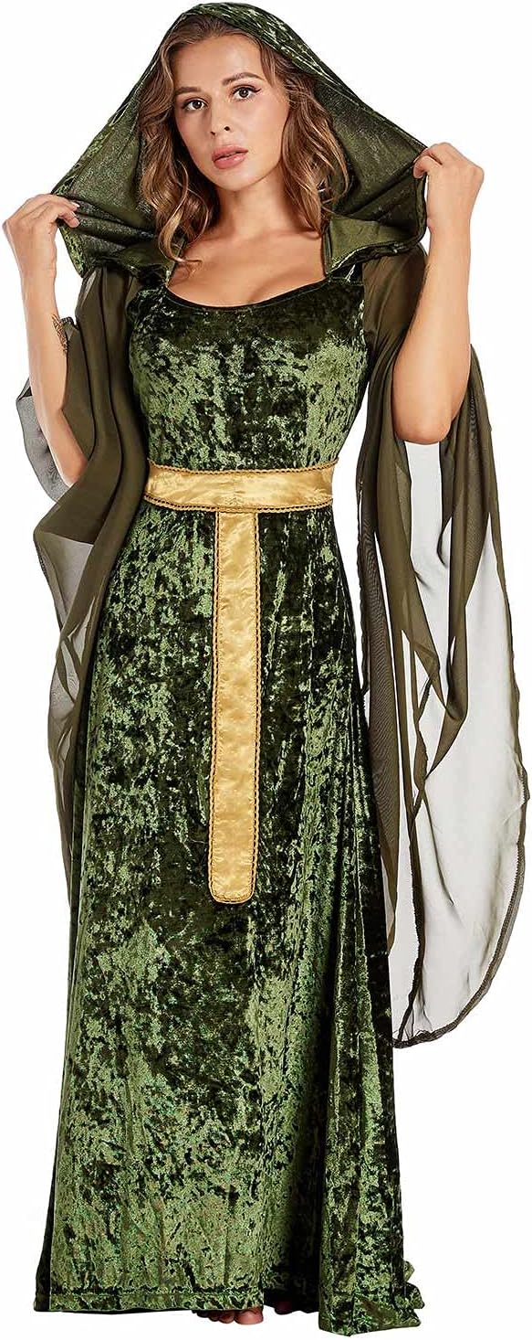 Sinastar Womens Medieval Dress Costume Hooded Lace Up Renaissance Velvet Trumpet Sleeve Gothic Green Gown - Image 2