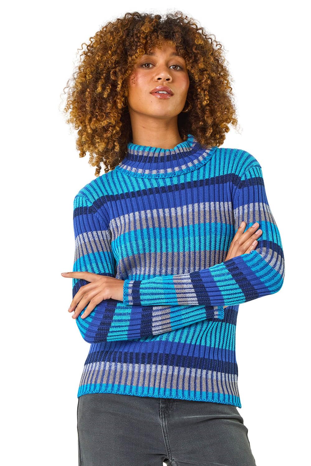 Roman Originals Women's Blue Roll Neck Stripe Print Ribbed Knit Jumper For Uk - Everyday Autumn Winter Comfy Soft Evening Vacation Work Party Night Out - Size 14
