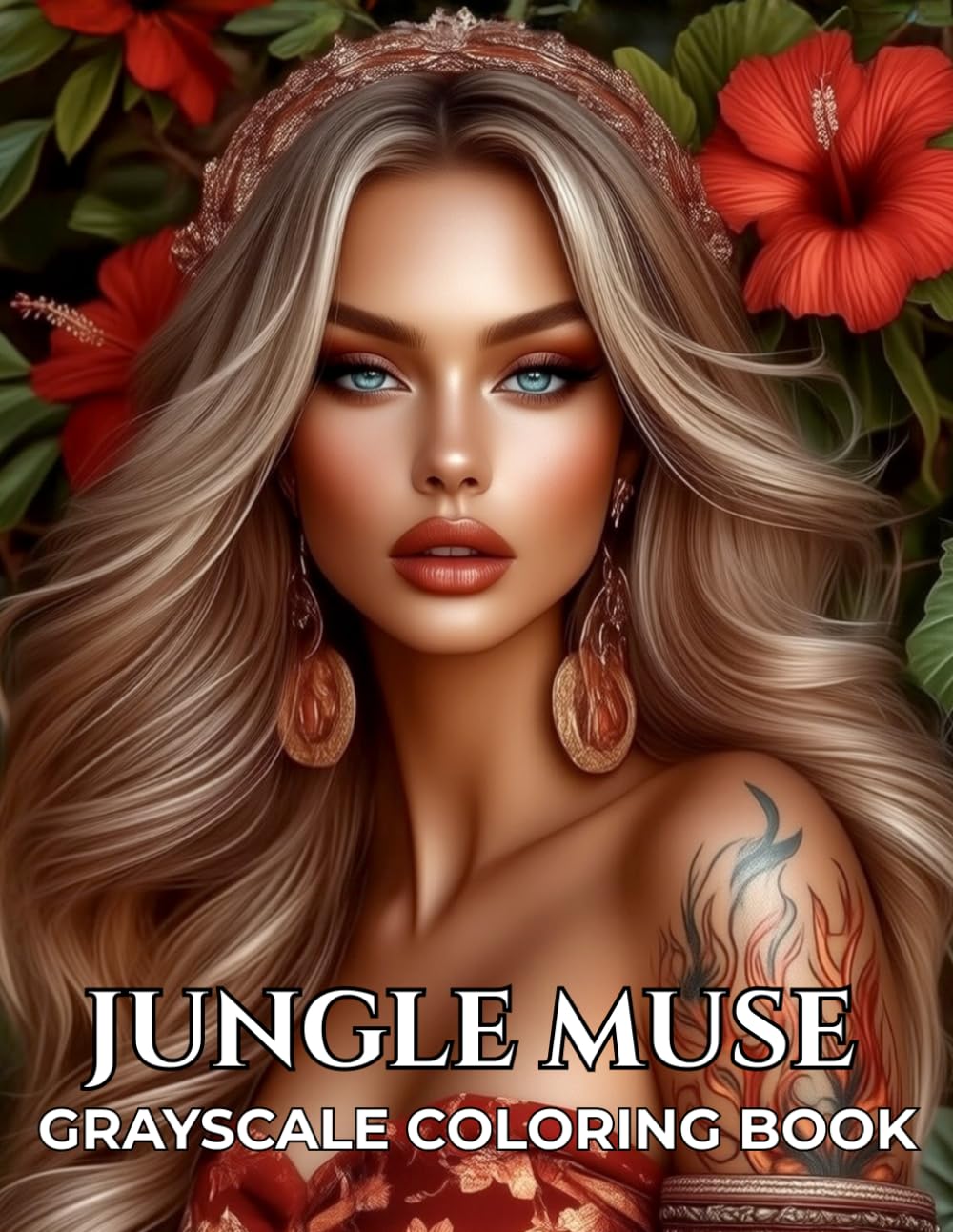 Jungle Muse: Grayscale Coloring Book for Adults with 47 Women Portraits, Tropical Nature and Fantasy Art