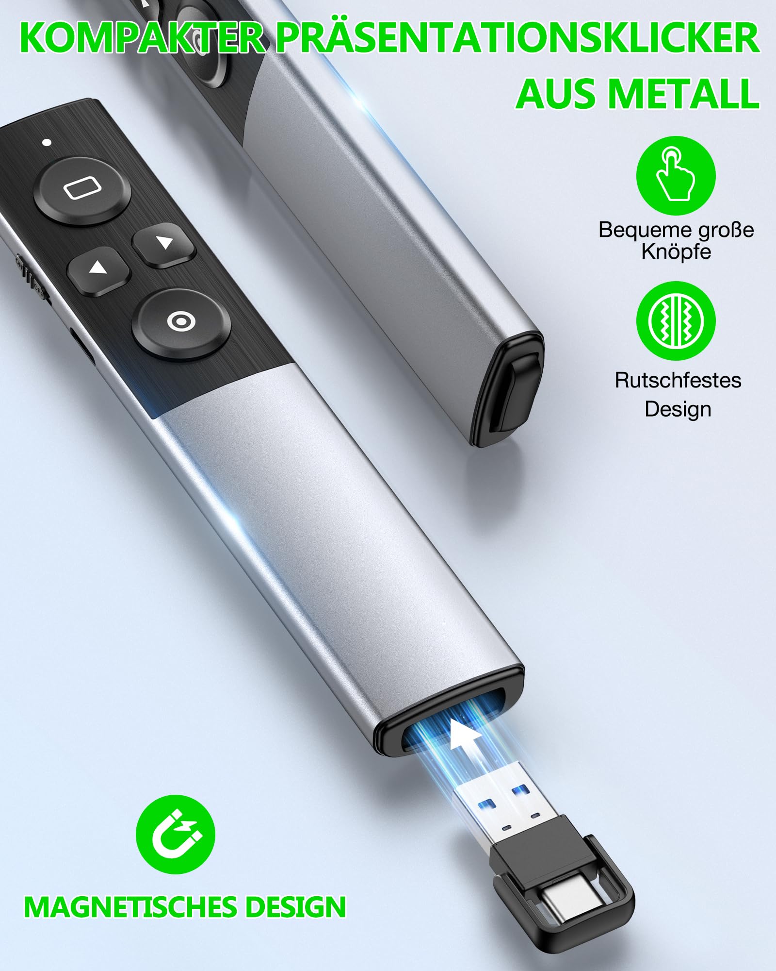Presenter, 2 in 1 USB und Typ-C-Empfänger Pointer für Präsentationen, 2.4 GHz Wiederaufladbare Wireless Presenter mit Fensterumschaltung/Hyperlink für Windows/Mac ISO/Linux/Android/PowerPoint