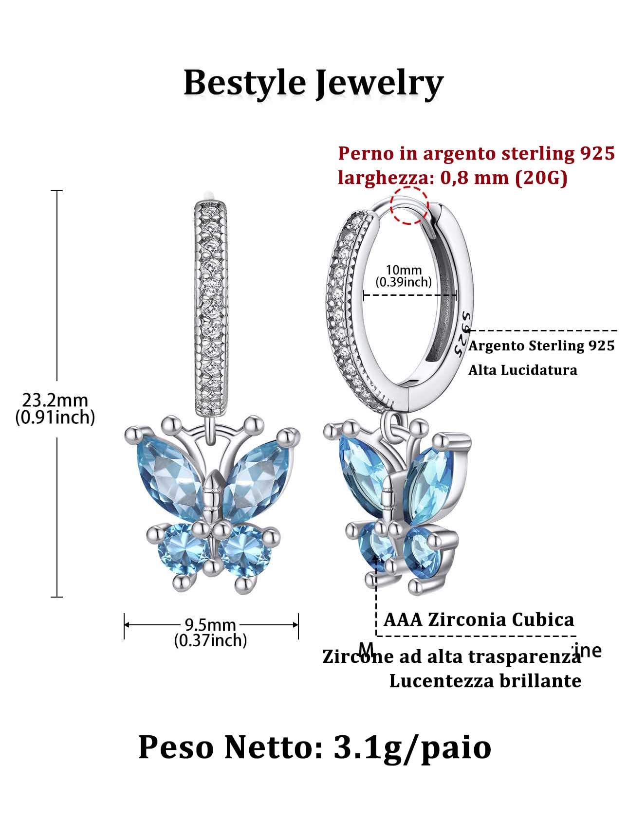Bestyle Orecchini Argento 925 Donna Orecchini a Farfalla Granato/Acquamarina/Smeraldo/Diamnate Orecchini a Cerchio Antiallergico Regalo Compleanno San Valentino