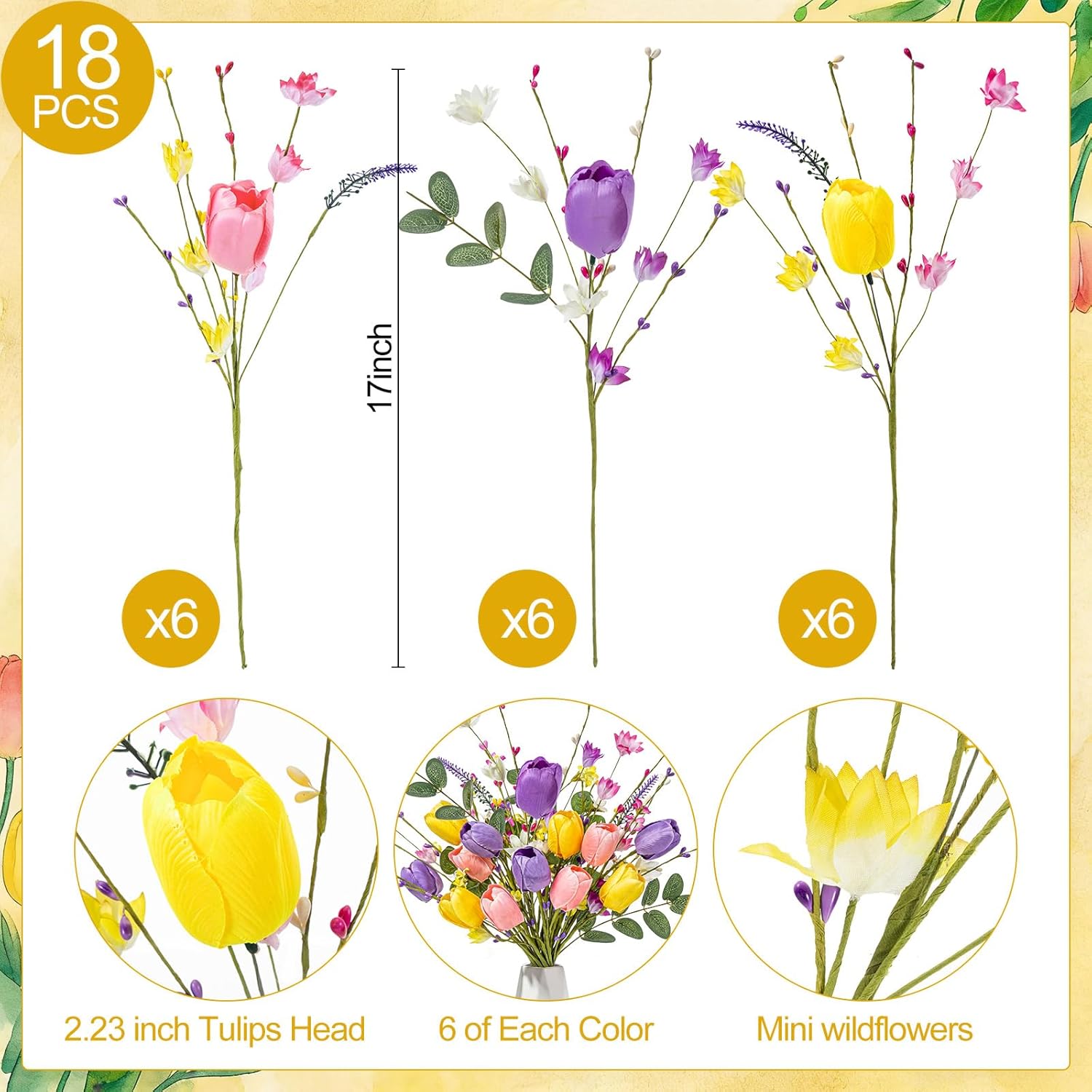Artificial Spring Flowers 18 Bundles Artificial Pastel Faux Tulips Spring Fake Wildflowers 17'' Floral Picks with Tulips Wildflowers for Centerpiece Vases Floral Arrangements Easter Summer Home Decor