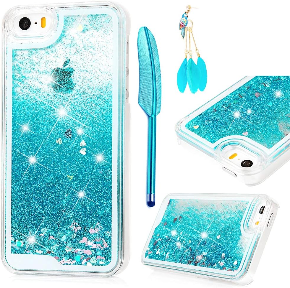 MOLLYCOOCLE iPhone SE Case, iPhone 5 5S Case, 3D Liquid Bling Sparkle Glitter Clear TPU Shell Quicksand Cute Star Fashion Creative for Girls Flowing Protective Cover for iPhone SE/5/5S - Blue
