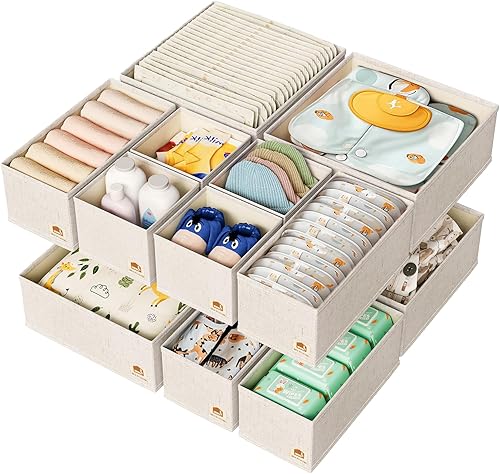 Organizador de cajones de lino de algodón para ropa de bebé, paquete de 12 divisores plegables para cuarto de bebé, juego de varios tamaños para