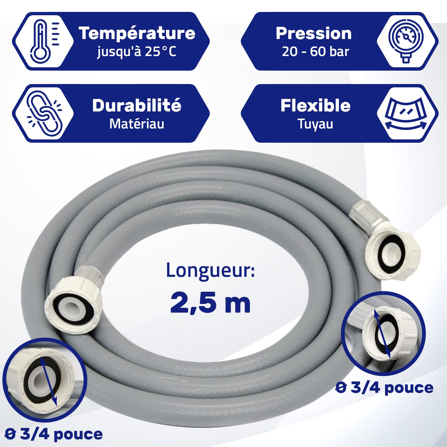 Tuyau Alimentation Machine à Laver 5m MONTERAL - Raccord 3/4" Droit Et Coudé - Made In Italy