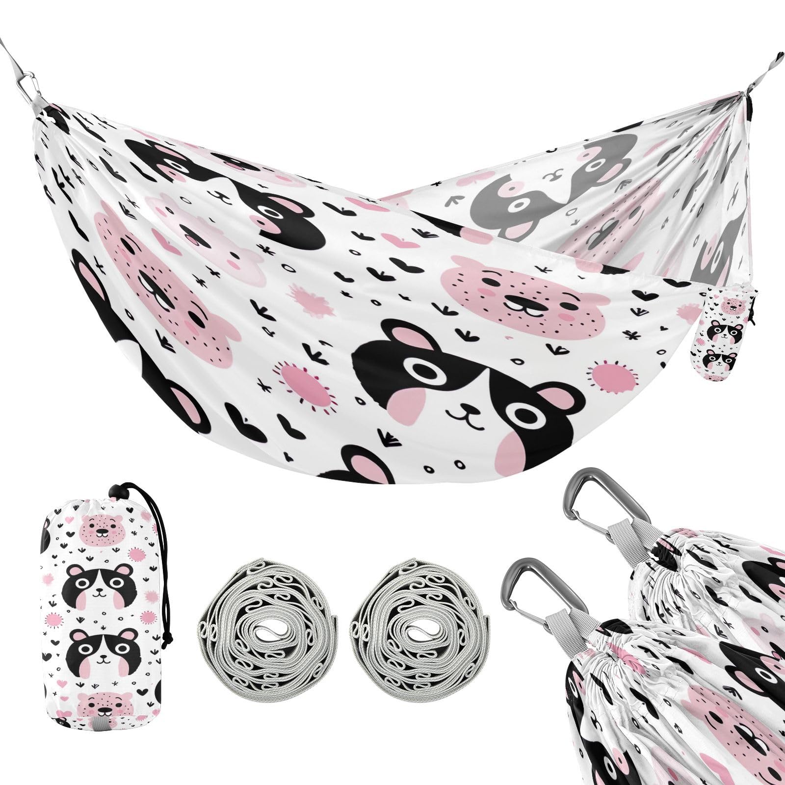 ATTX Pink Panda Bears Camping Hammock - Lightweight & Portable Hammocks, Heavy Duty 330lbs Capacity for Indoor, Hiking, Backpacking, Travel, Backyard, Beach#376