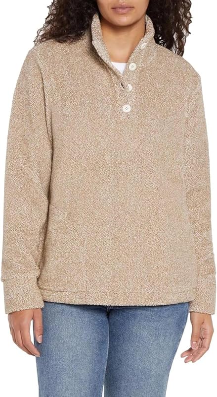 buzo para mujer texturizada de forro polar de dos tonos con cuello abotonado y corte holgado de manga larga