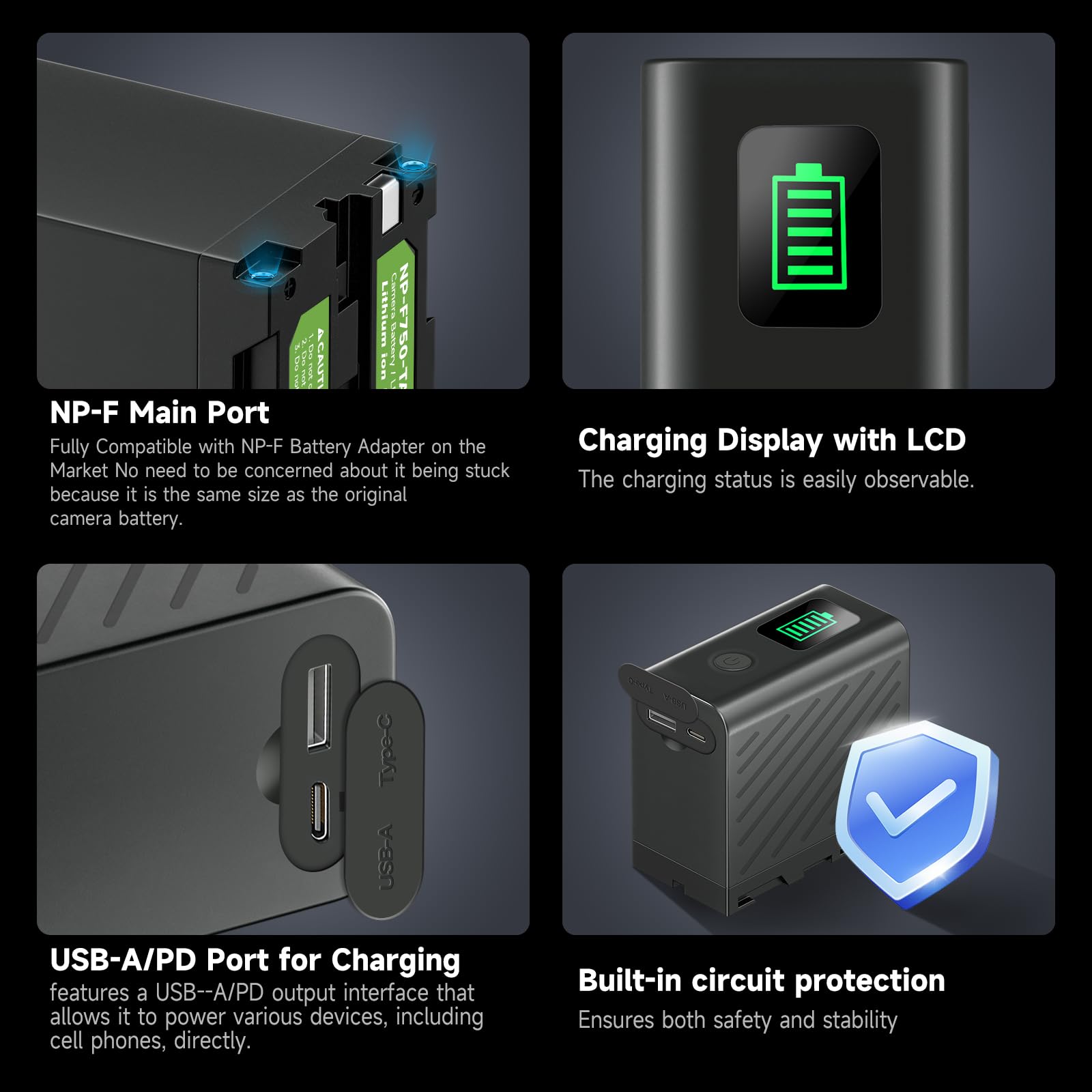 2 Baterías NP-F750 de 6600 mAh con Cable Micro USB para Sony NPF F980 F970 F960 F930 F770 F750 F550 Batería o lámpara de vídeo LED YN660 LED308