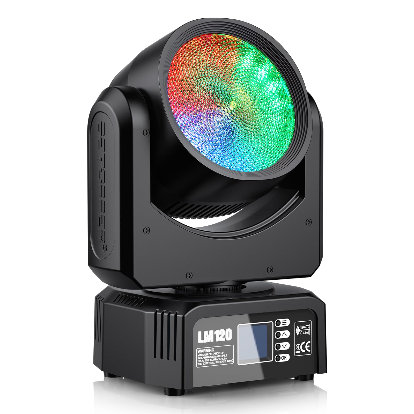 BETOPPER 120W Moving Head Lampe RGBW, Lyre LED DMX512, Éclairage de Scène Tête Mobile avec Lentille Unique, Activé Par le Son Lumière Disco pour Les Fêtes, DJ, Spectacles (LM120)