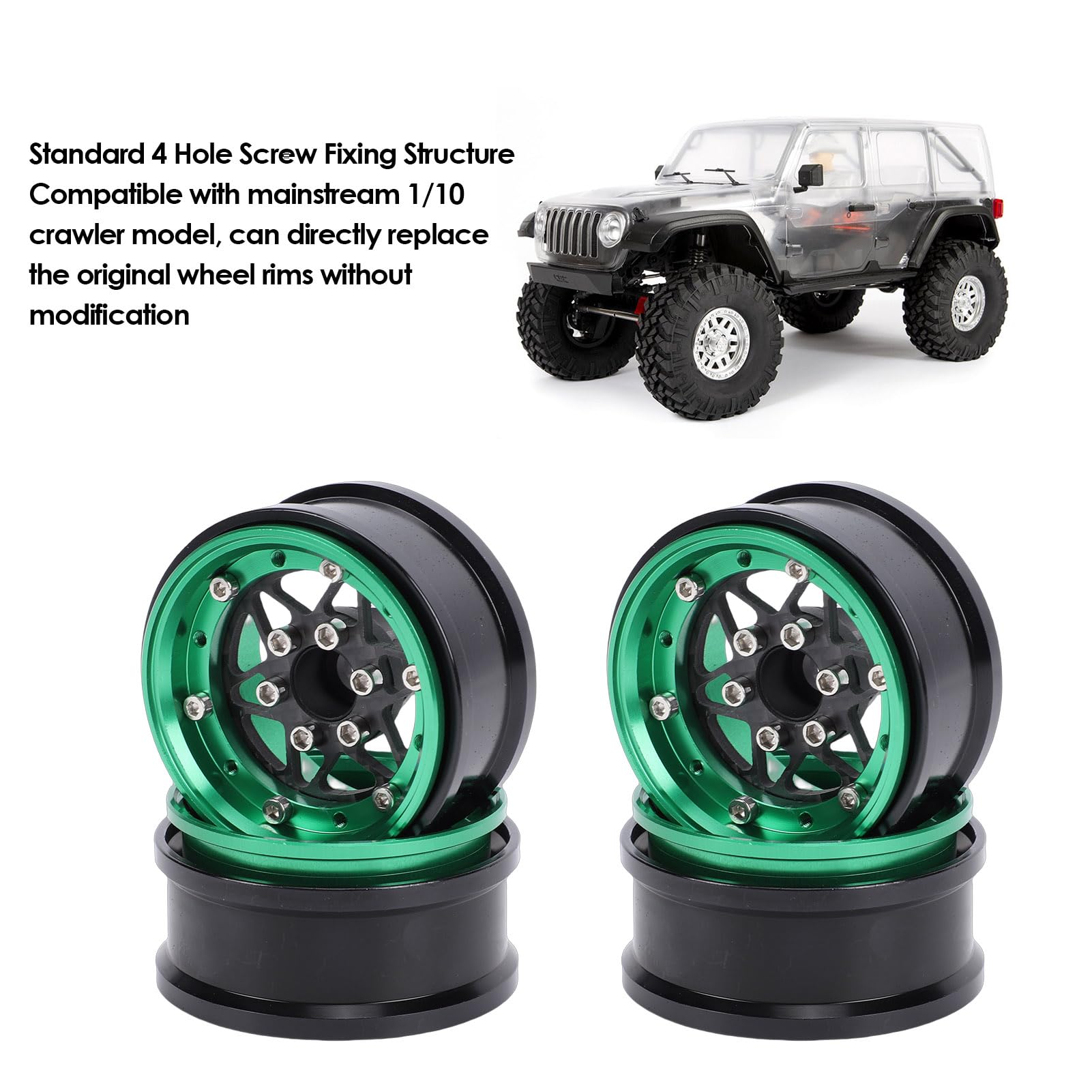 4 Llantas de Aleación de Aluminio RC Crawler, Ruedas 1.9 Beadlock Ligeras Mecanizadas CNC con Fijación de Tornillo de 4 Agujeros para 1/10 Axial SCX10 Wraith RC Crawler (Green)