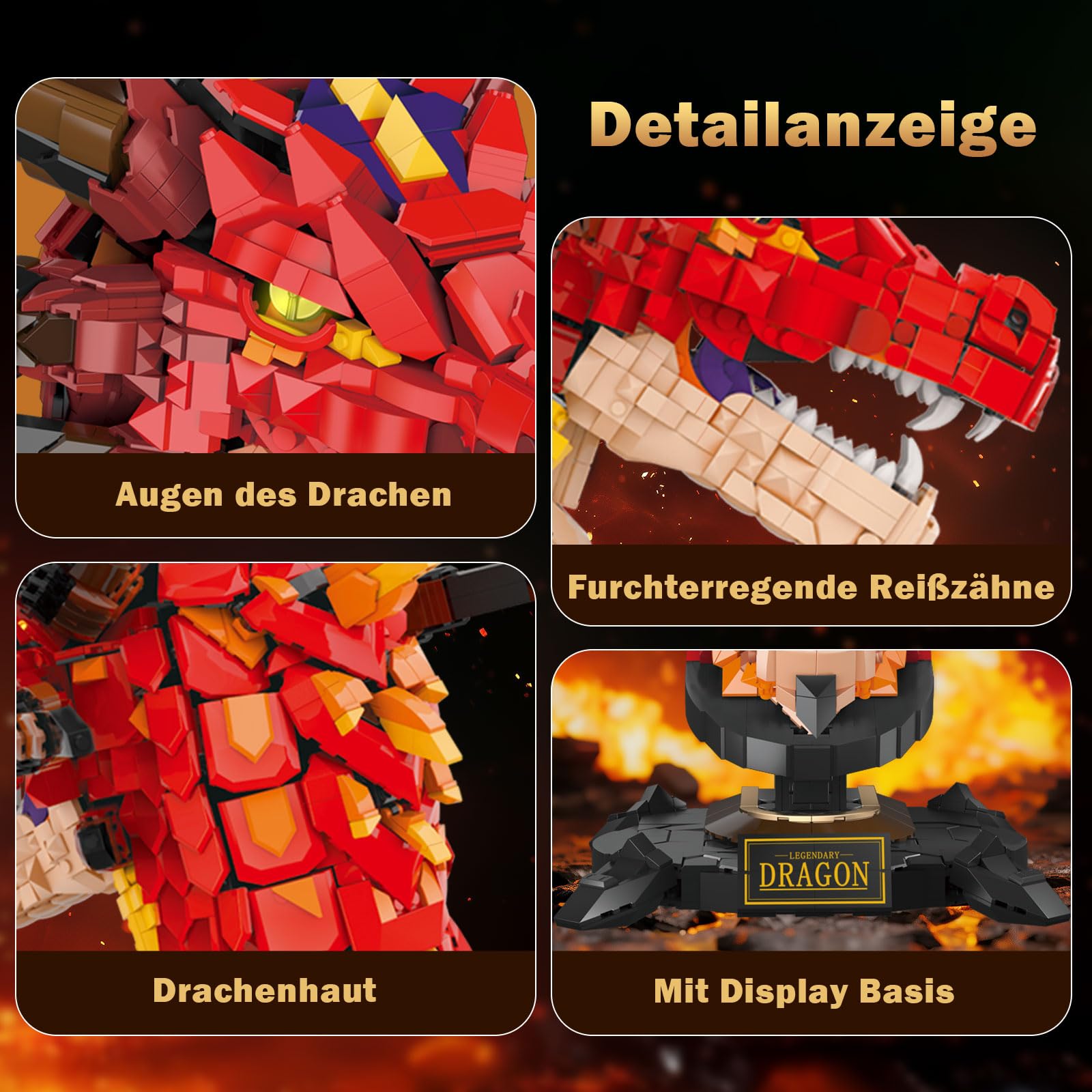 Drachenkopf Bausteine Set für Erwachsene, Roter Drache Klemmbausteine Spielzeug für Büro Heim Kunst Dekor, Geschenk für Erwachsener Jugendliche（2713 Stück）