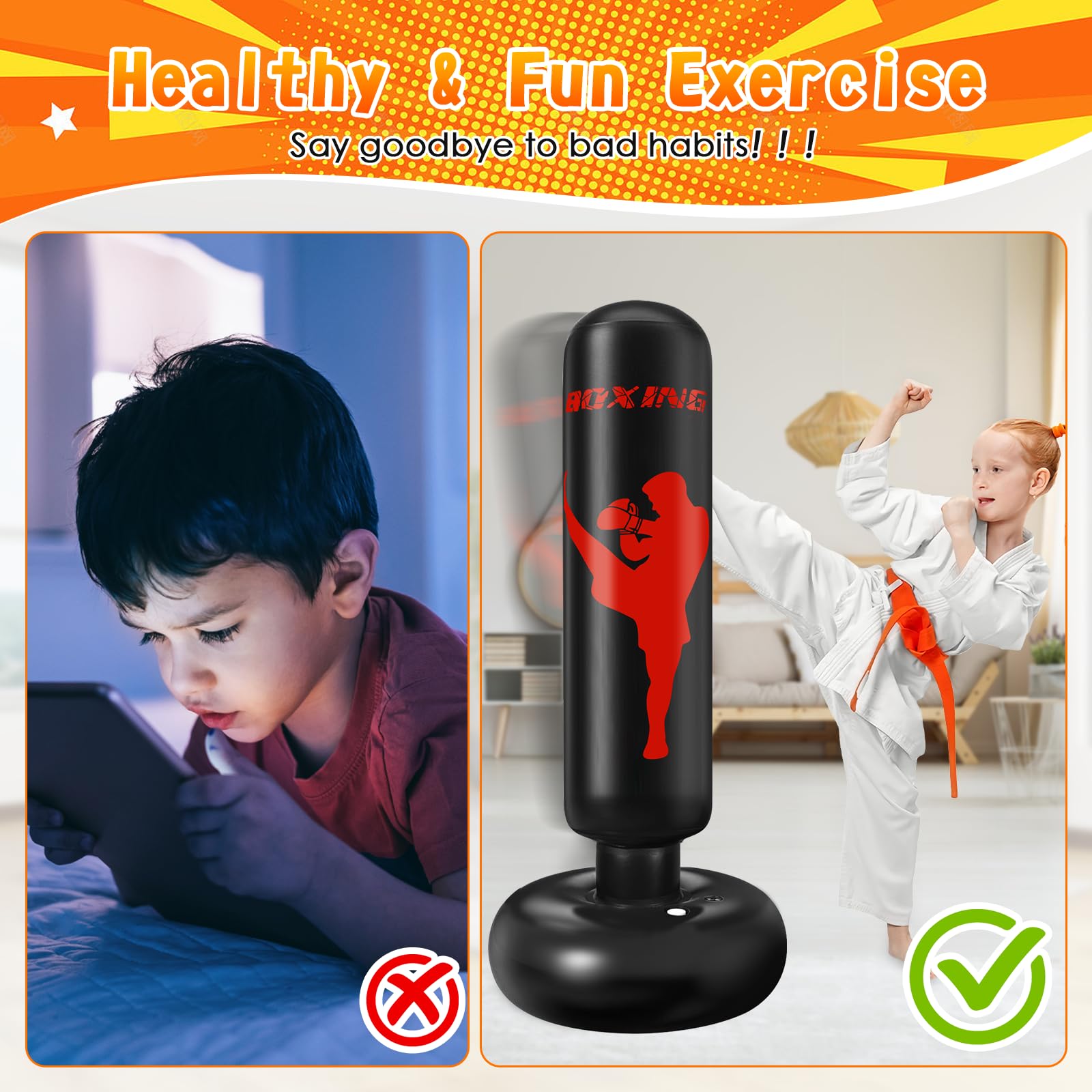 Ninonly Sacco da Boxe per Bambini 160cm con Guantoni e Pompa Punching Ball Bambini Perfetto per Allenamento a Casa, All'Aperto, Sacco Boxe da Terra Ideale