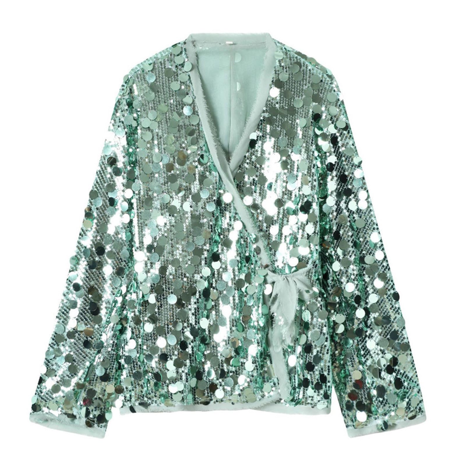 Women Sparkly Sequins Kimono Cardigan Fashion Loose Fit Long Sleeve Casual Wrap Side Tie Waist Jacket Top Streetwear