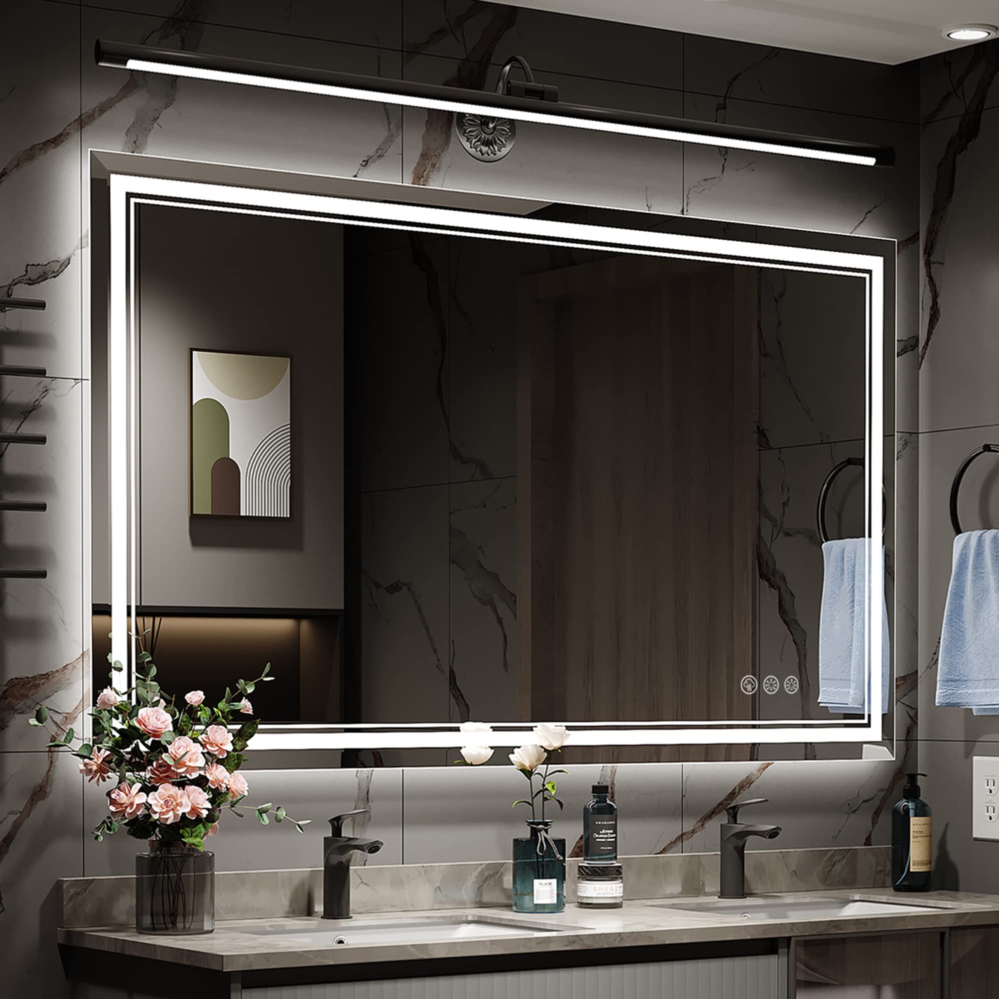 Ratsamee 48x32 LED Bathroom Mirror with Lights, Backlit+Front Lit, Anti-Fog