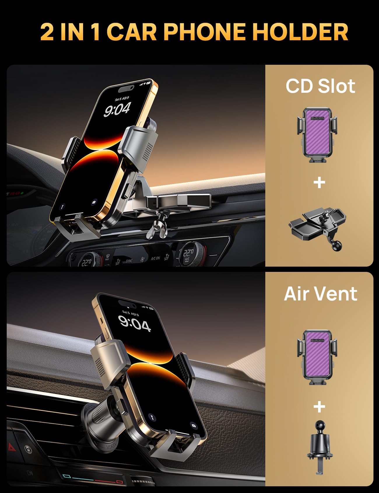 Supporto per telefono da auto, supporto per telefono CD con clip per bocchetta di ventilazione [compatibile con custodie spesse], regolabile a 360°, supporto per telefono cellulare e CD, adatto per