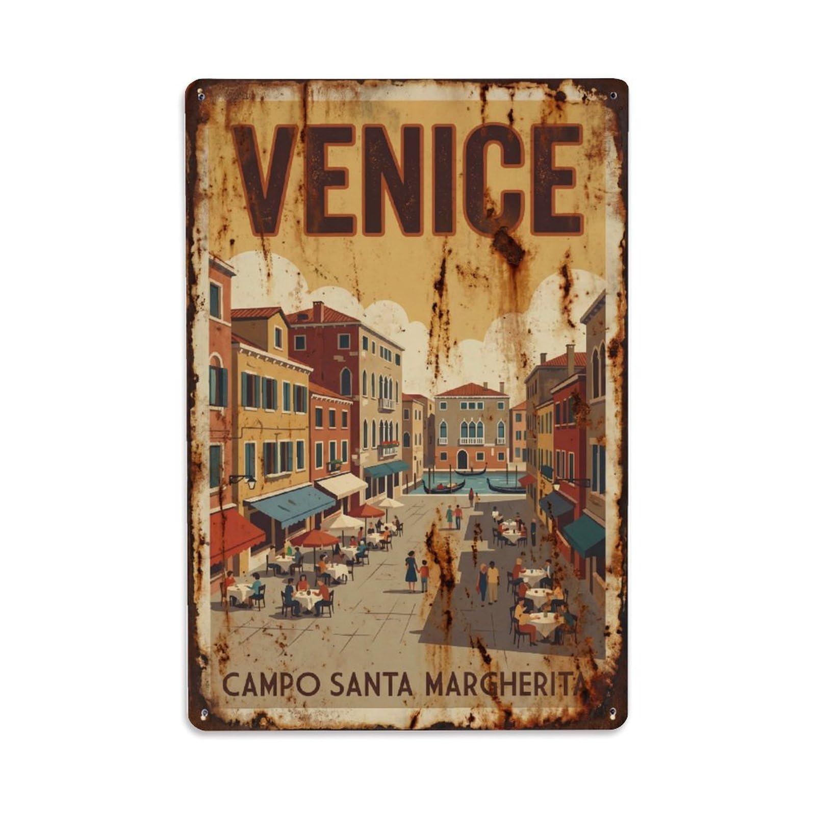 Vintage Travel Venice Campo Santa Margherita Lively Square Rusted Italy Metal Tin Sign Plaque Wall Decor for Cafe, Club Bar, Office, Home Garden Metal Poster 8x12Inch