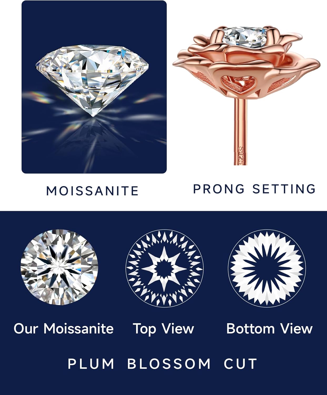 MomentWish 14K Gold Plated Stud Earrings, Birthday Gifts for Women, 1-2 Carat Moissanite Earrings, Lab Created Diamond Earring, Yellow/Rose Gold Plated 925 Sterling Silver Earring Jewelry Women Men - Image 4