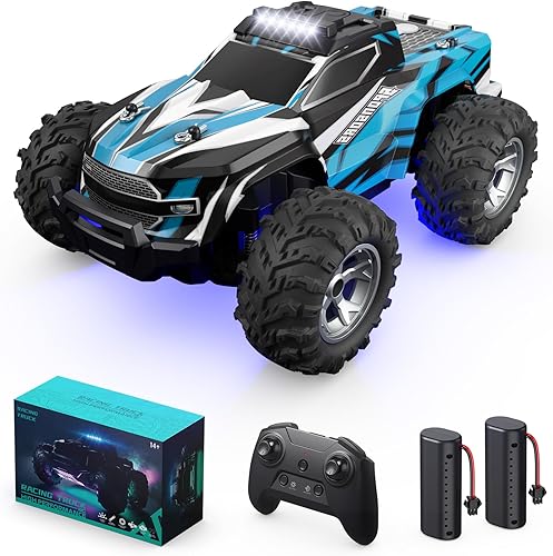 Autos a control remoto todo terreno, camión monstruo todoterreno de 2.4 GHz, camión de control remoto de 15.5 mih con luz LED y juguetes para niños,