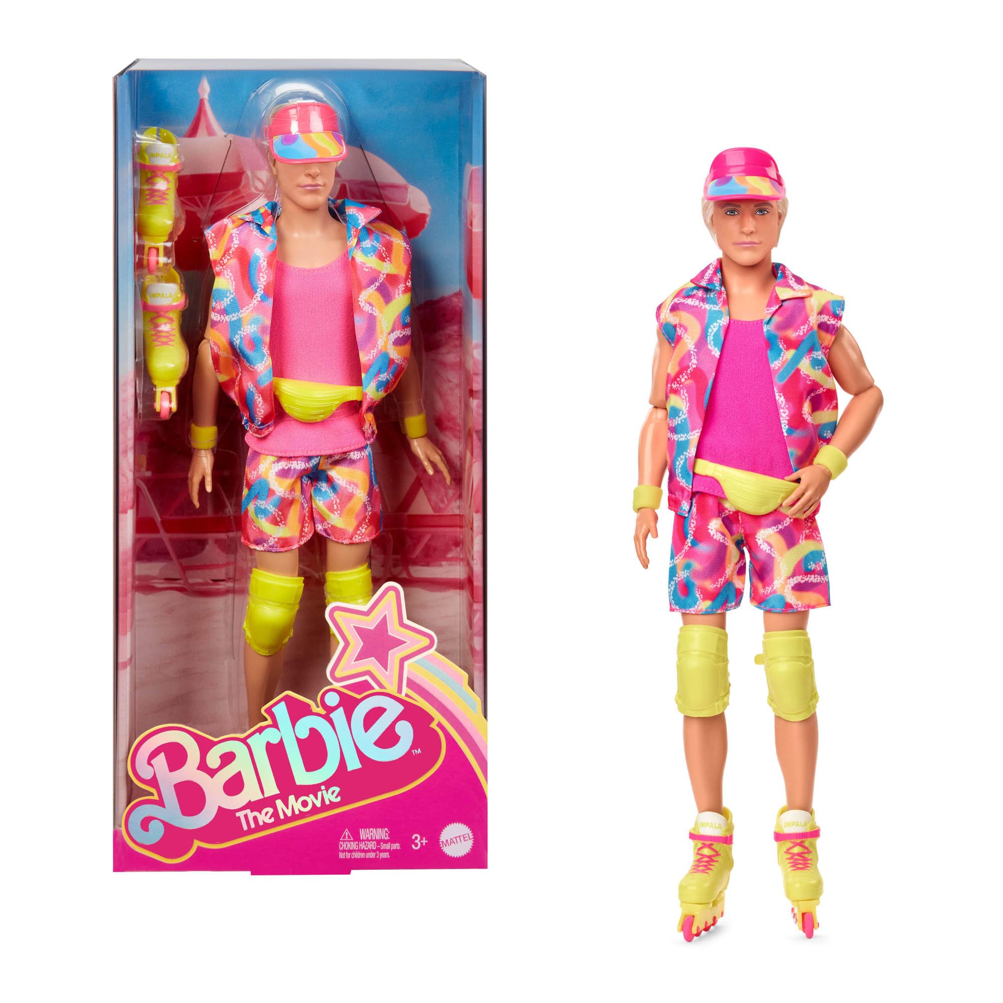 Ken Muñeco de la película de Barbie coleccionable con un conjunto de patinador de inspiración retro y patines en línea, JBJ51