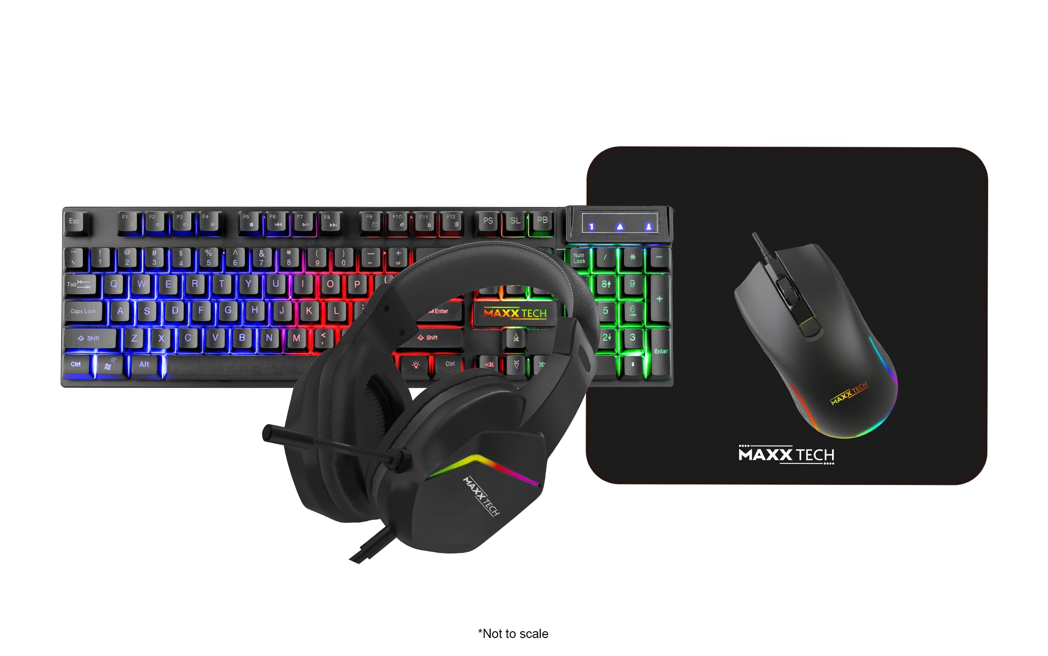Maxx Tech Juego combinado 4 en 1: teclado con iluminación LED arcoíris, ratón óptico, auriculares estéreo multiplataforma para juegos con conector jack de 3,5 mm, USB/ratón, alfombrilla de 250 x 210 x