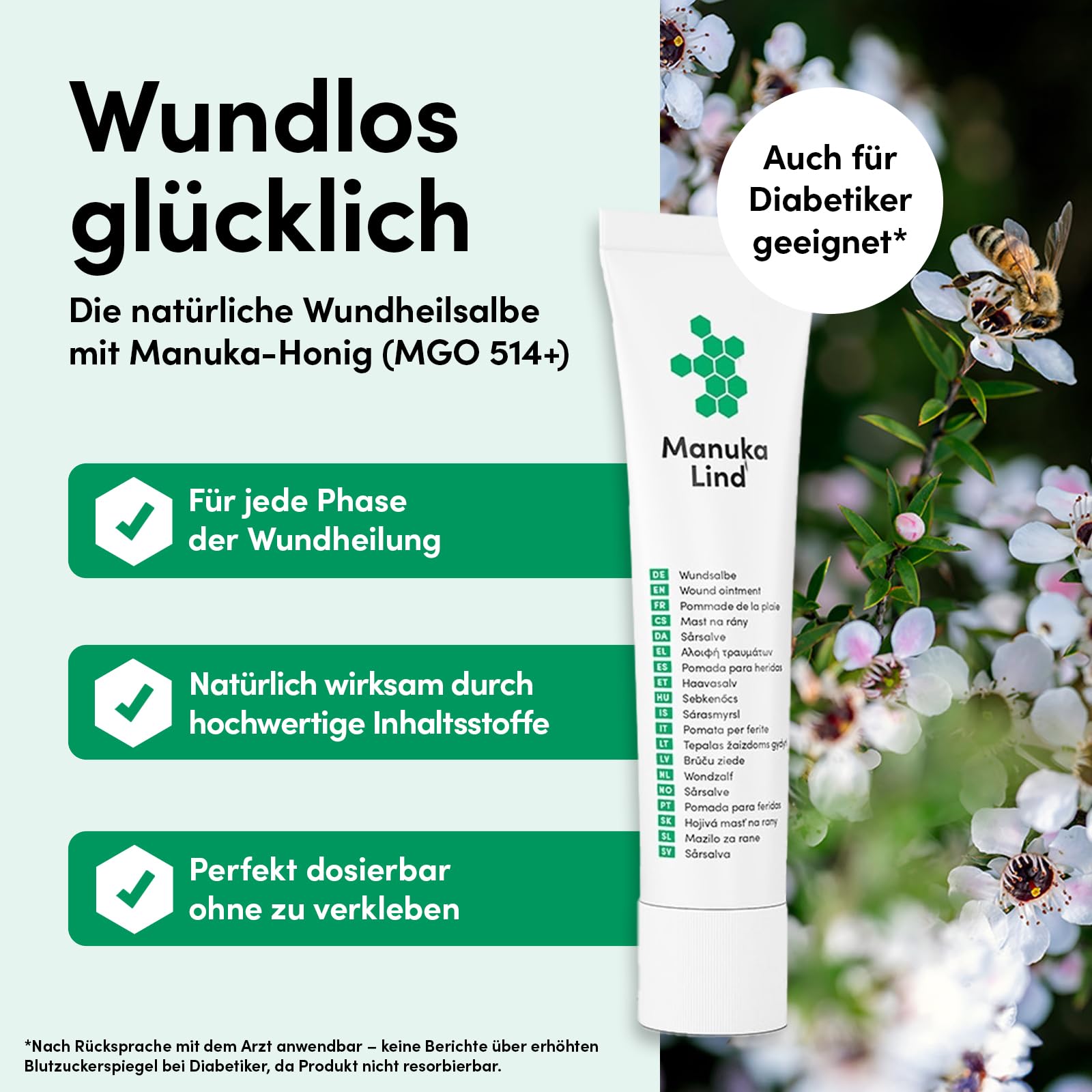 Wundheilsalbe (30g) - Natürlich wirksam mit Manuka-Honig MGO 514+ - Wund und Heilsalbe für alle Wundheilungsphasen - Zuhause und Unterwegs