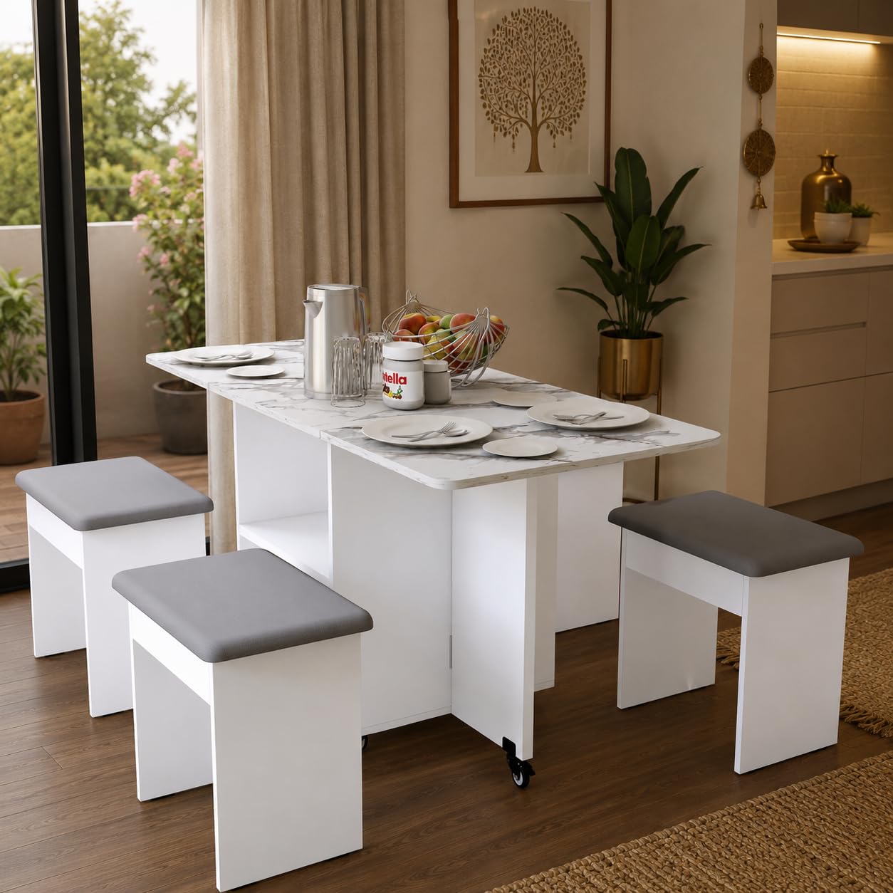 Studio Kook Bonbon 4 Seater Folding Dining Table With Inbuilt Seating (Matte Finish, Marble Finish Laminate Top & Moonshine White) - Engineered Wood-image-6