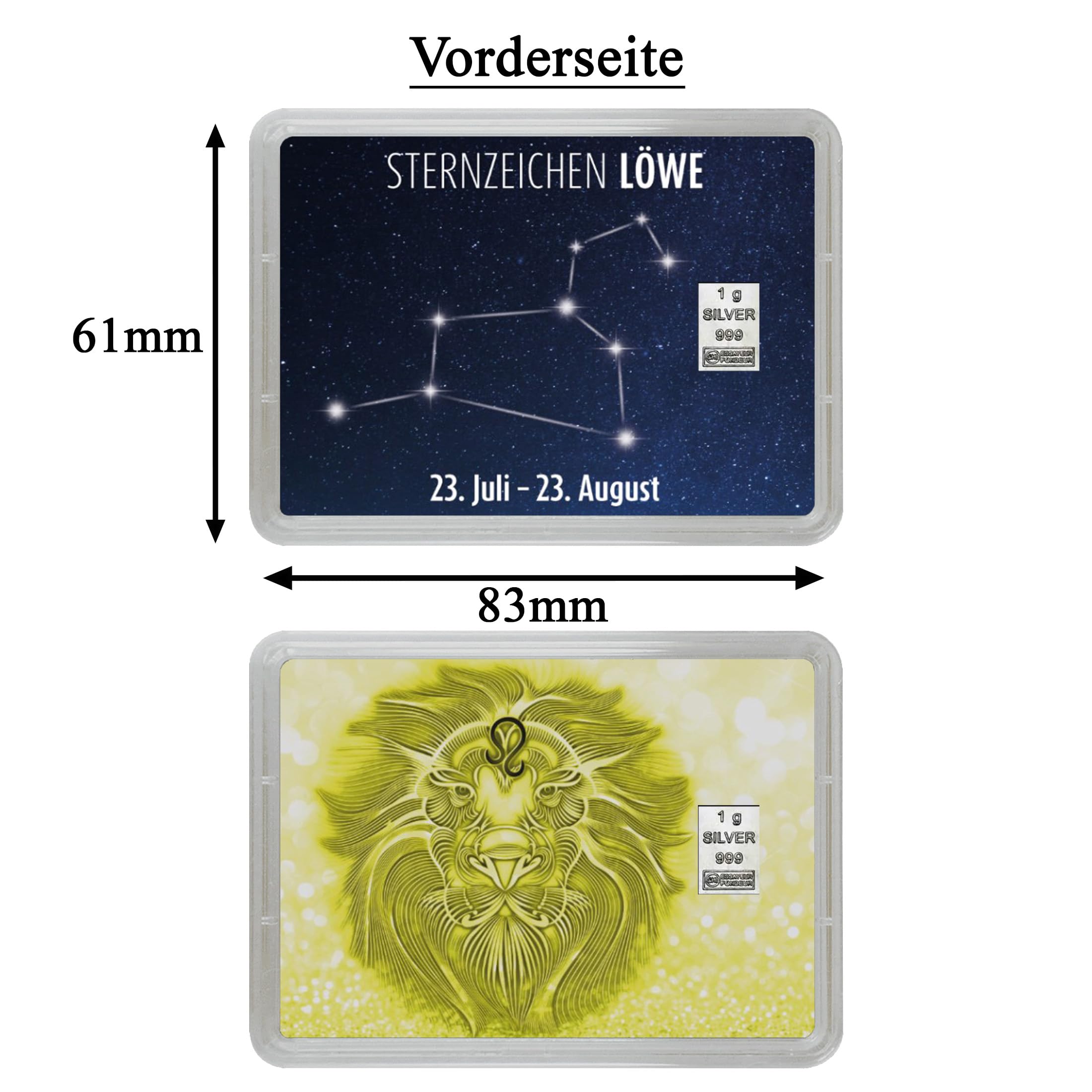 1g Silberbarren 999 Feinsilber – Sternzeichen Motivbox mit Flip-Motiv – Geschenkset inkl. Geschenkbeutel & Grußkarte – Echtheitsgarantie – Mitbringsel & Geschenkidee (Löwe)
