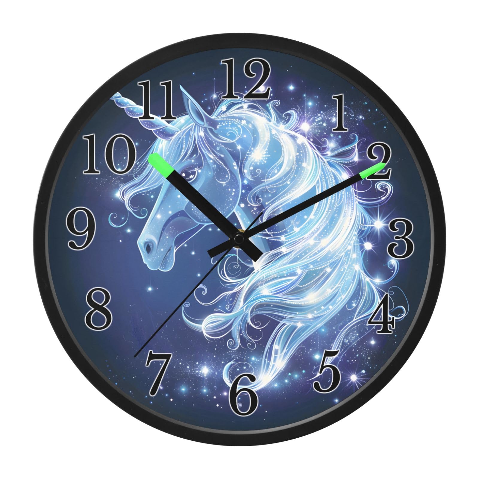Mnsruu Reloj de pared luminoso con diseño de unicornio y galaxia blanca, funciona con pilas, silencioso, brilla en la oscuridad, para sala de estar, cocina, 12 pulgadas