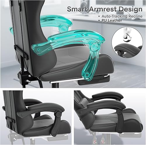 Miniatura 6 de Athena Collection Silla de juegos, silla ergonómica para juegos con reposapiés y reposacabezas soporte lumbar, silla giratoria de altura ajustable