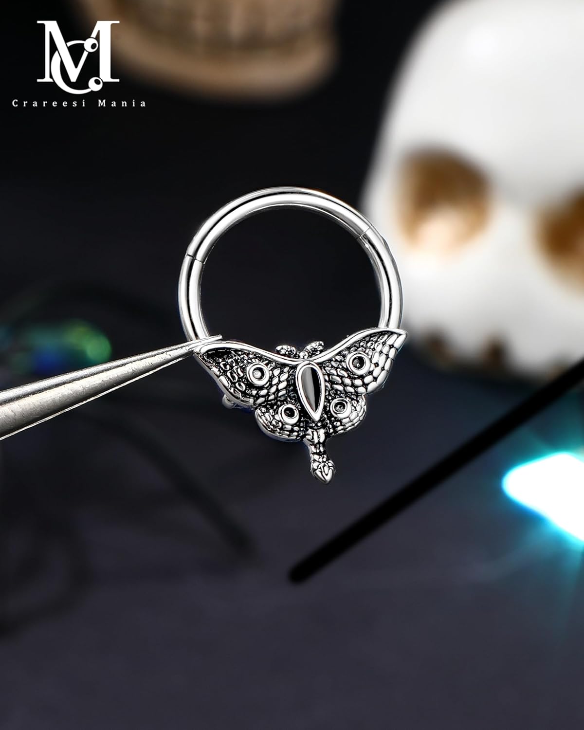 CM Crareesi Mania Moth Septum Ring 16G Mystical Septum Piercing Jewelry 316L Surgical Steel Daith Earrings Gothic Septum Segment Rings Halloween for Women Men - Image 5