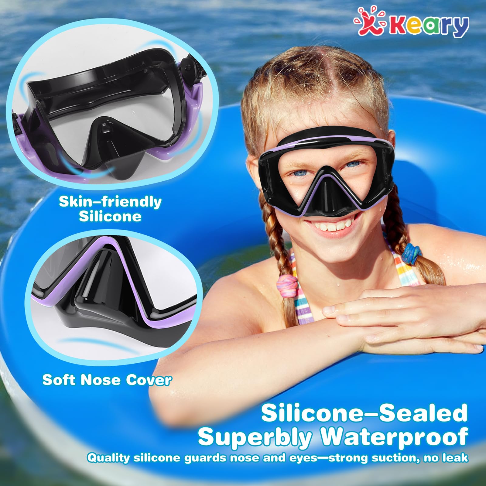 Keary Kinder-Schwimmbrille mit 3 Fenstern und Nasenabdeckung für 3–16 Jahre, Schwimmmaske für Kleinkinder, Jungen, Mädchen, Jugendliche, Anti-Beschlag-Schutz