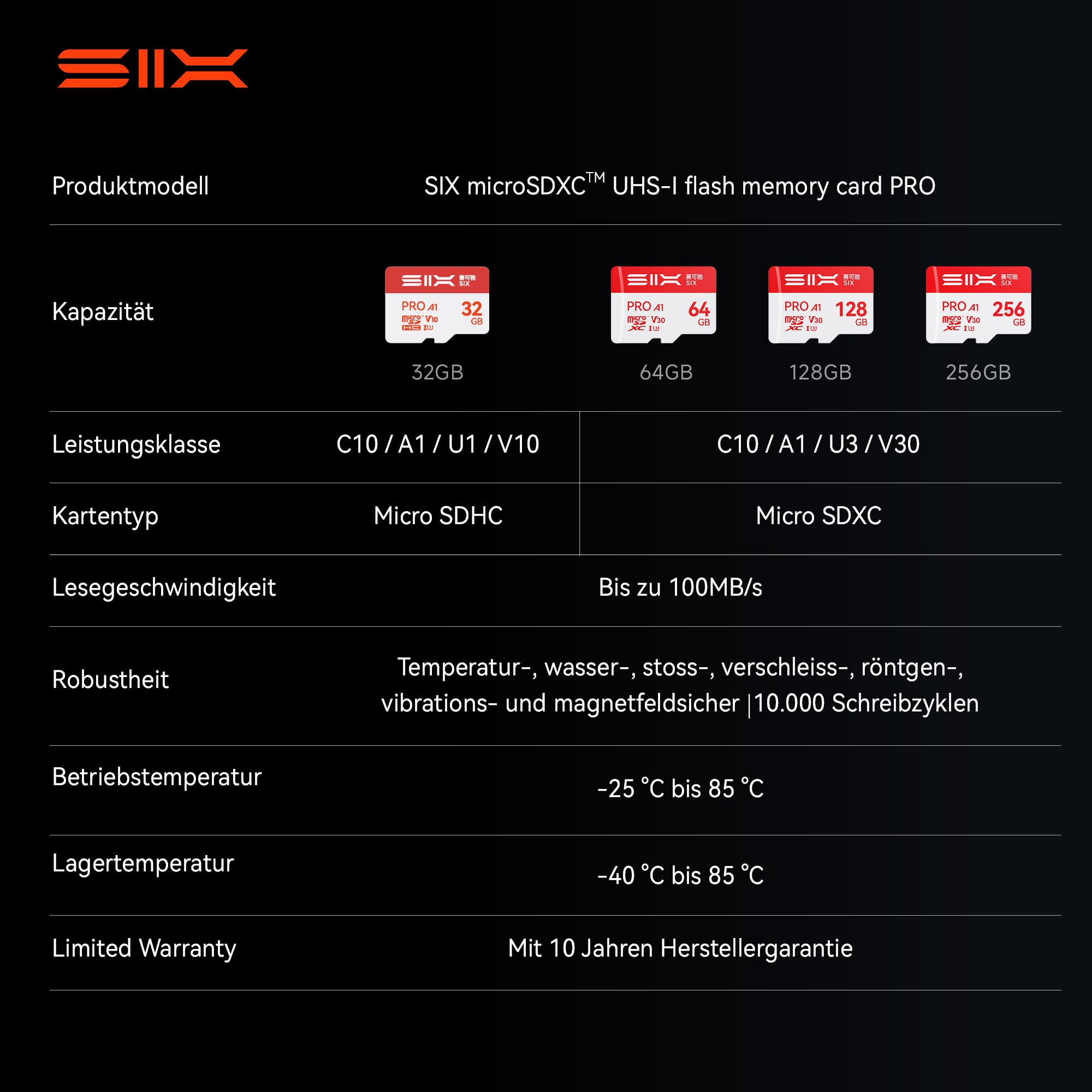 SIX 128GB Micro SD Karte - U3 V30 A1 100 MB/s Lesen Endurance MicroSDXC Memory Speicherkarte mit Adapter/Kartenleser für 4K UHD Enabled Dashcams, Action Cameras, Drones 128 gb Microsd Card