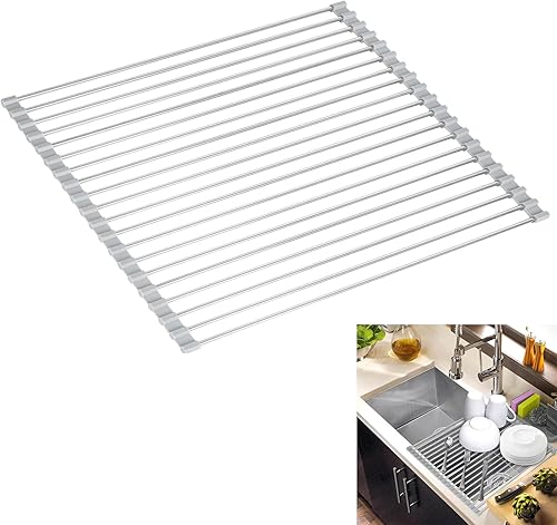 Escurridor de platos sobre el fregadero, escurridor de platos enrollable, encimera de fregadero de cocina, estante plegable multiusos de acero