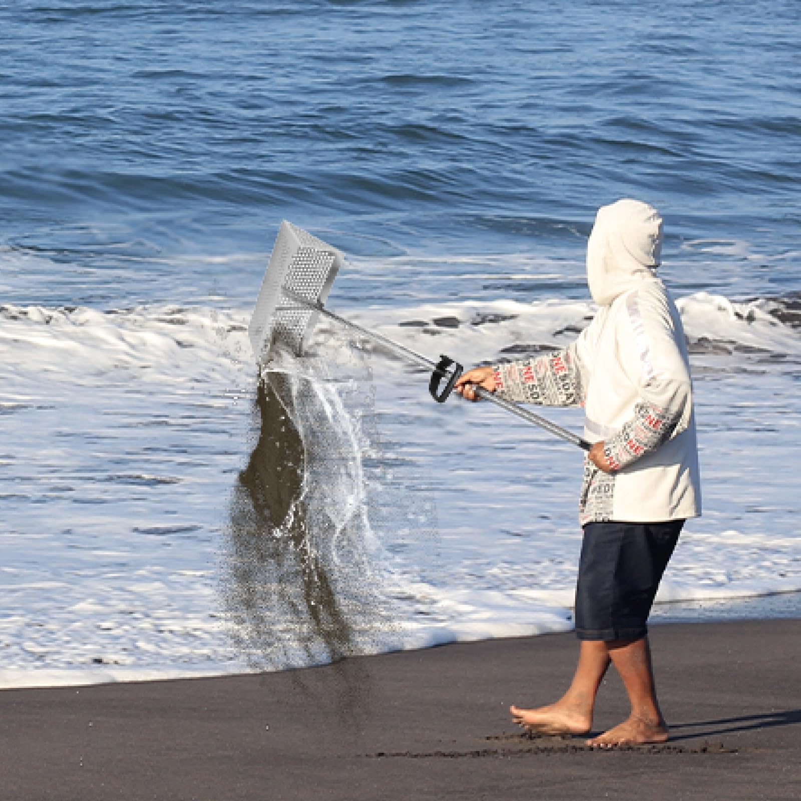 Râteau à Sable En Acier Inoxydable WOOLUCK - Tamis Amovible Avec Manche Long 140 Cm - Pour Détecteur De Métaux Plage