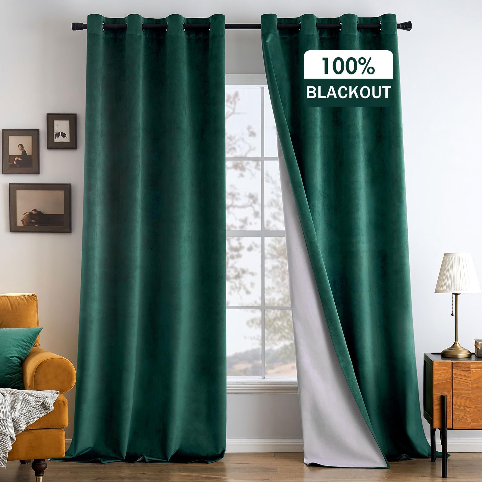 MYRU 1 Pair Nordic Velvet Curtains Eyelet Dark Green Luxury Blackout