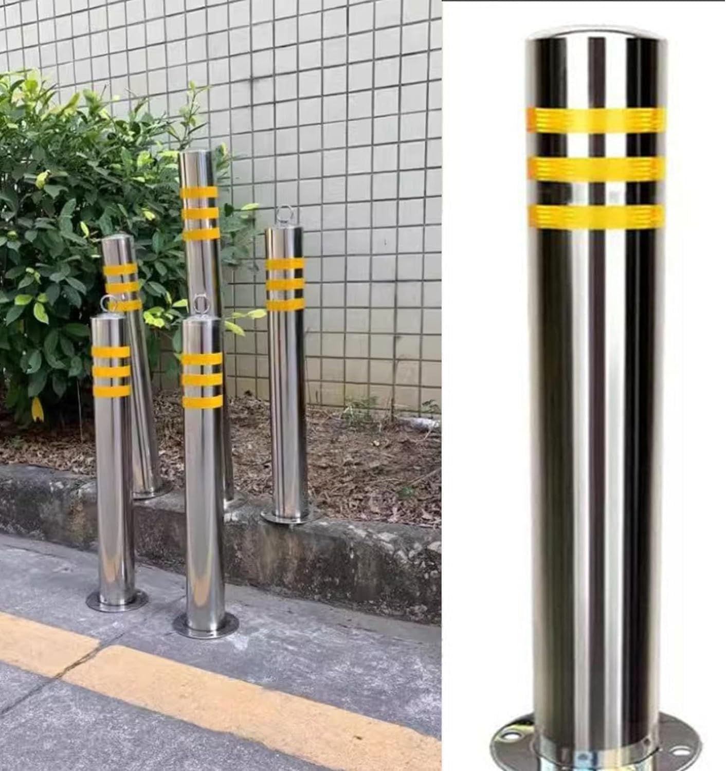 HCZKIUJY Stainless Steel Traffic Bollard, 75cm Height Parking Bollards for Driveway with Reflective Collars, for Traffic Control Garage Street Decor, Round Shape Bollard Pole Barrier (6pc)