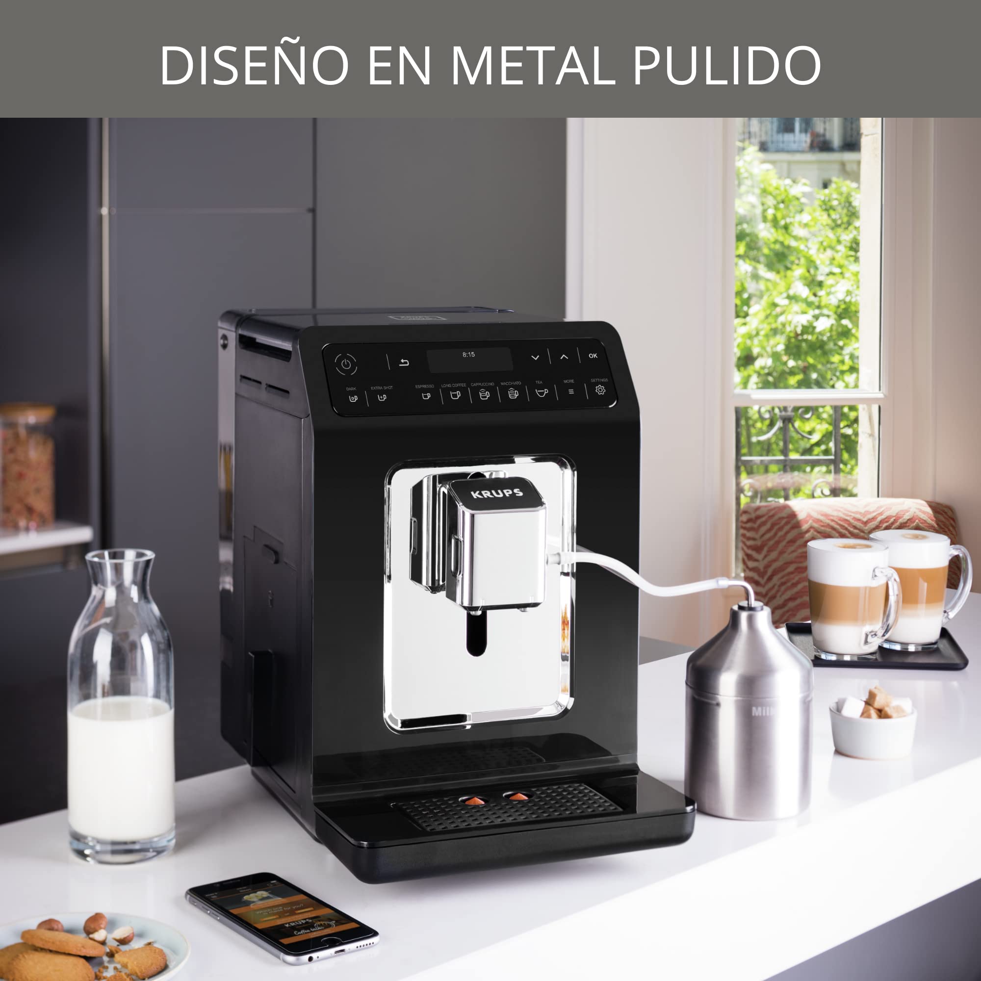 Krups Evidence Espresso EA8908 - Cafetera Superautomática 15 Bares, 15 Preajustes, Niveles de Intensidad, Molido Grano, Autolimpieza e Indicador cal, 2 tazas a la vez, pantalla táctil, recetario