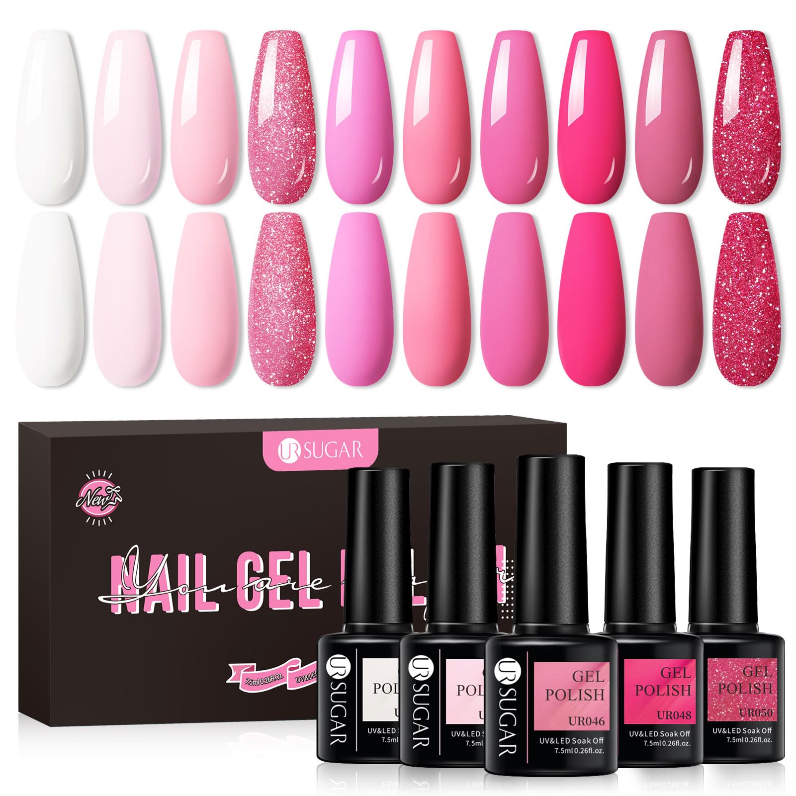 UR SUGAR Pink Gel Nail Polish,10 Colors Valentine's White Pink Rose Light Pink Baby Pink Purple Pink shimmery Glitter Nail Varnish Set DIY Salon Nail Manicure Gift for Woman