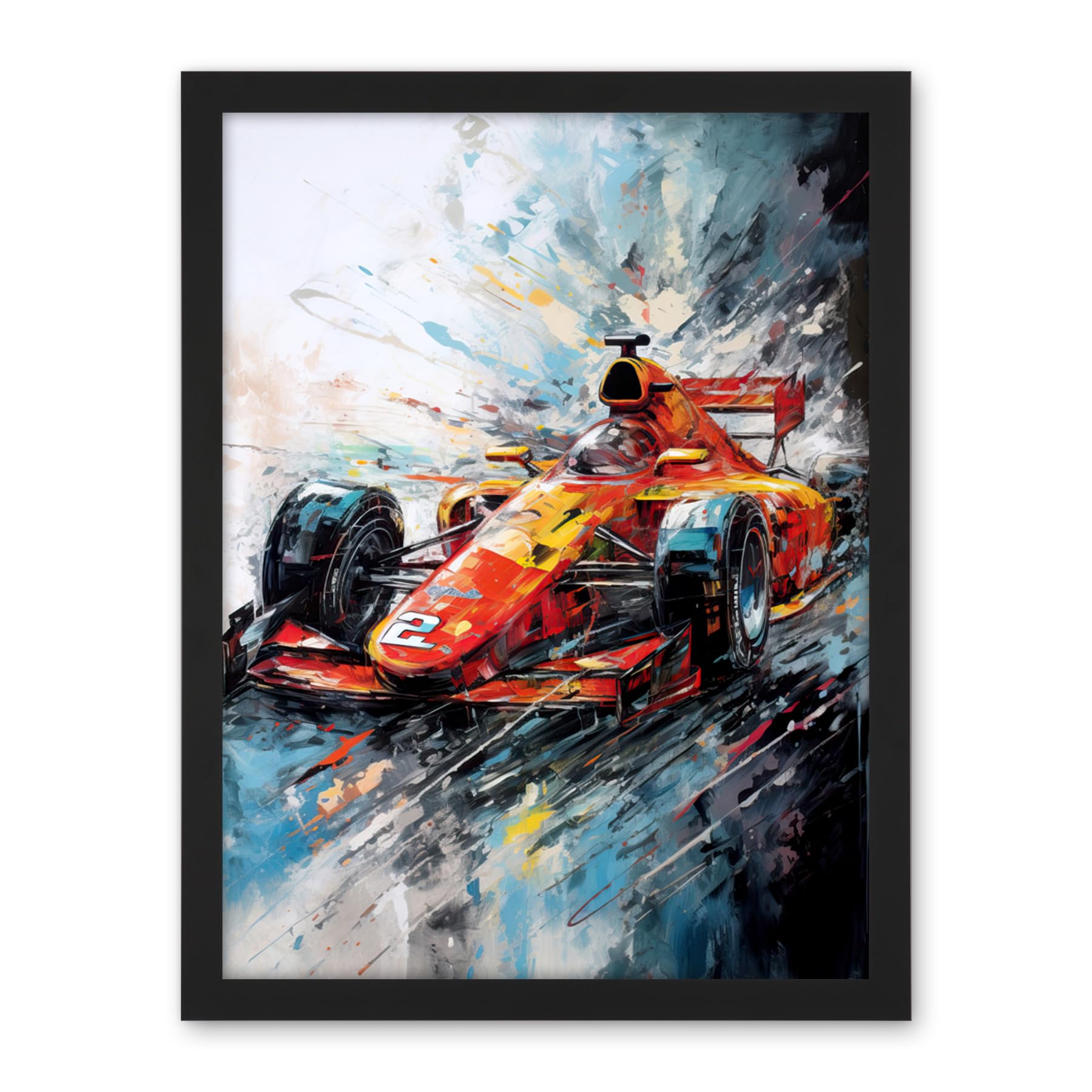 Artery8 Orange Race Car Grand Prix Action Shot Painting Artwork Framed Wall Art Print 18X24 Inch