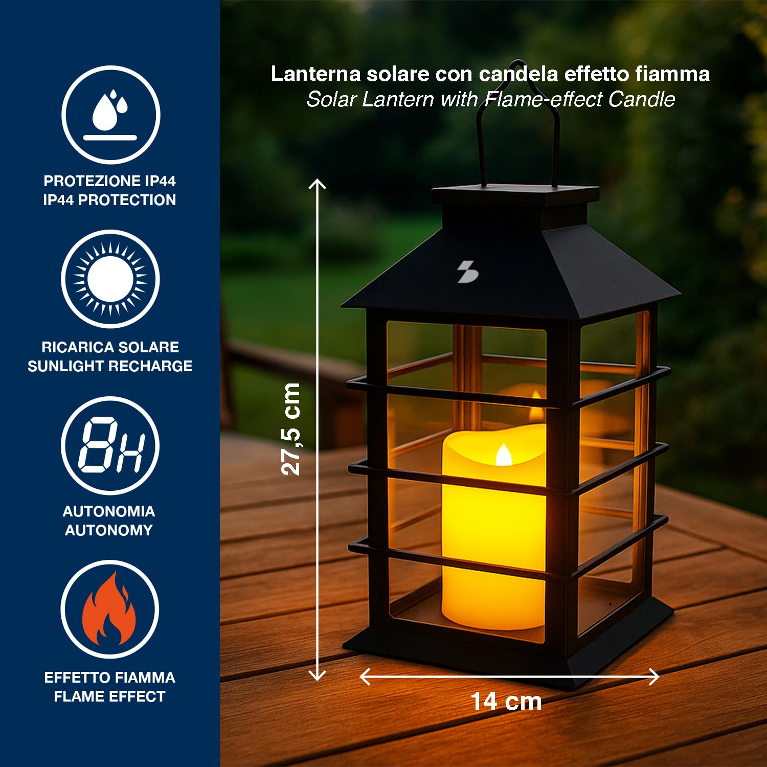 BEPER P207ILO303 Latarnia solarna ze świecą LED z efektem płomienia, zewnętrzna lampa solarna z haczykiem, automatyczne włączanie, ciepłe migoczące światło, IP44 do ogrodu i balkonu