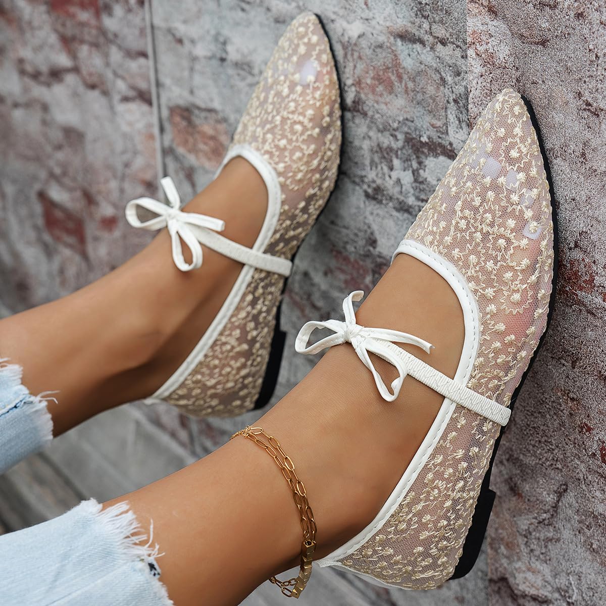 Ballerine da donna con ricamo in pizzo ricamato, ballerine da donna, eleganti ballerine floreali con cinturino a fiocco, traspiranti, comode, per matrimoni e ufficio
