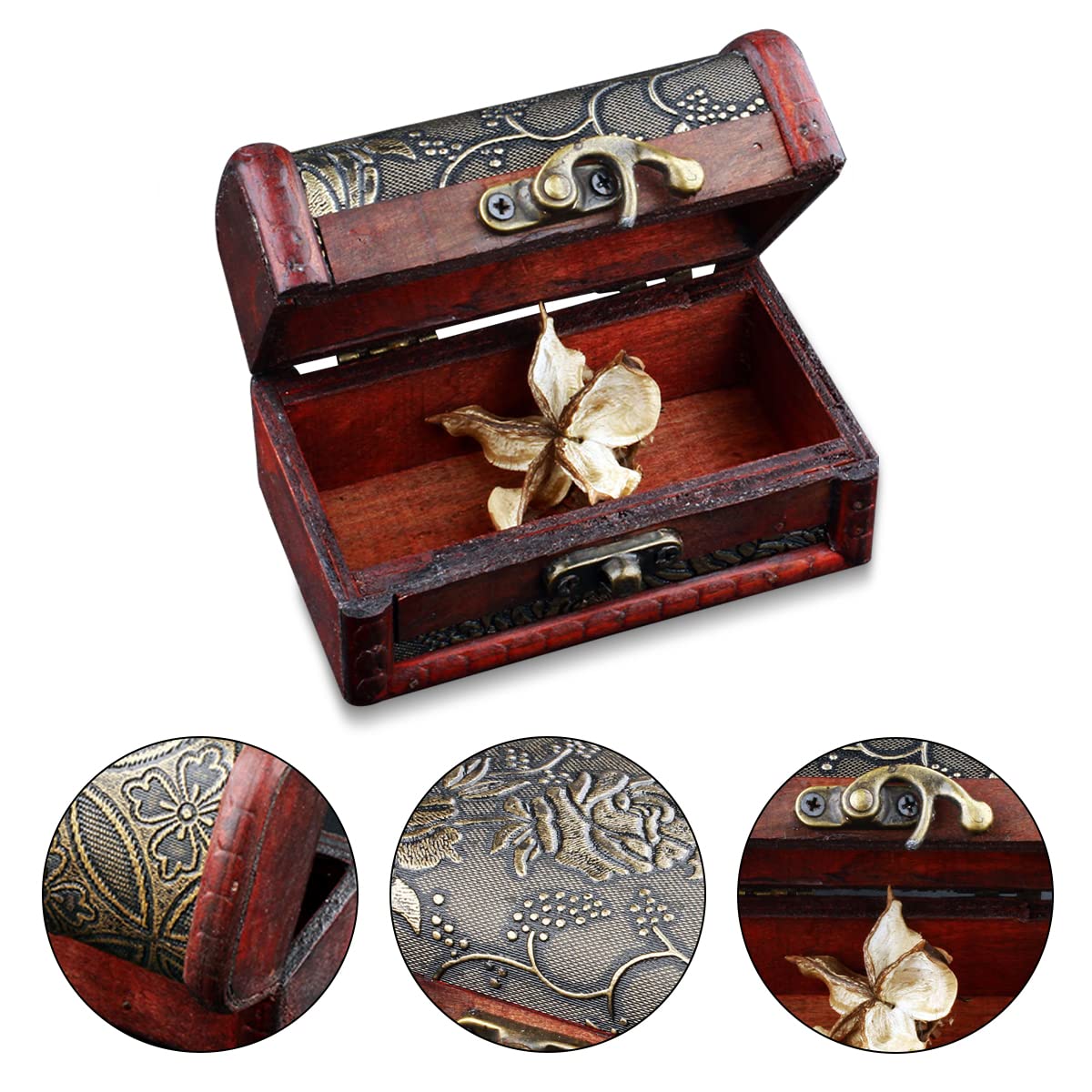 4 Scrigni Porta Gioielli In Legno Vintage – Mini Cofanetti Regalo Con Motivi Floreali (loto, Uva, Moneta, Narciso)